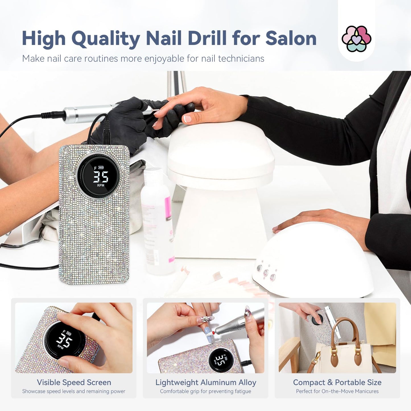 SAVILAND Professional Nail Drill Kit: 35000RPM Rhinestones Nail Drill for Nails Electric Nail File Professional Portable Efile with Drill Bits Nails Filer Buffer Salon Home Manicure Pedicure
