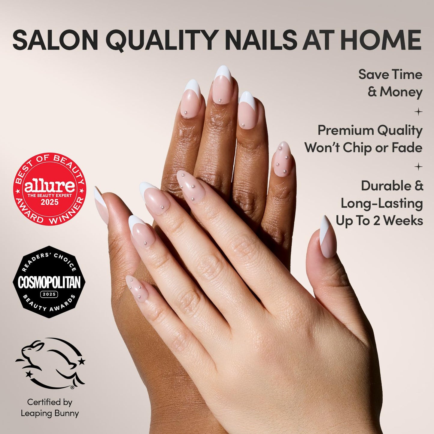 Glamnetic x GLAMZILLA Press On Nails - ALWAYS & FOREVER | Short Almond French Tip Fake Nails with 3D Pearls, Salon Quality Wedding Nails | 15 Sizes - 30 Nail Kit with Glue