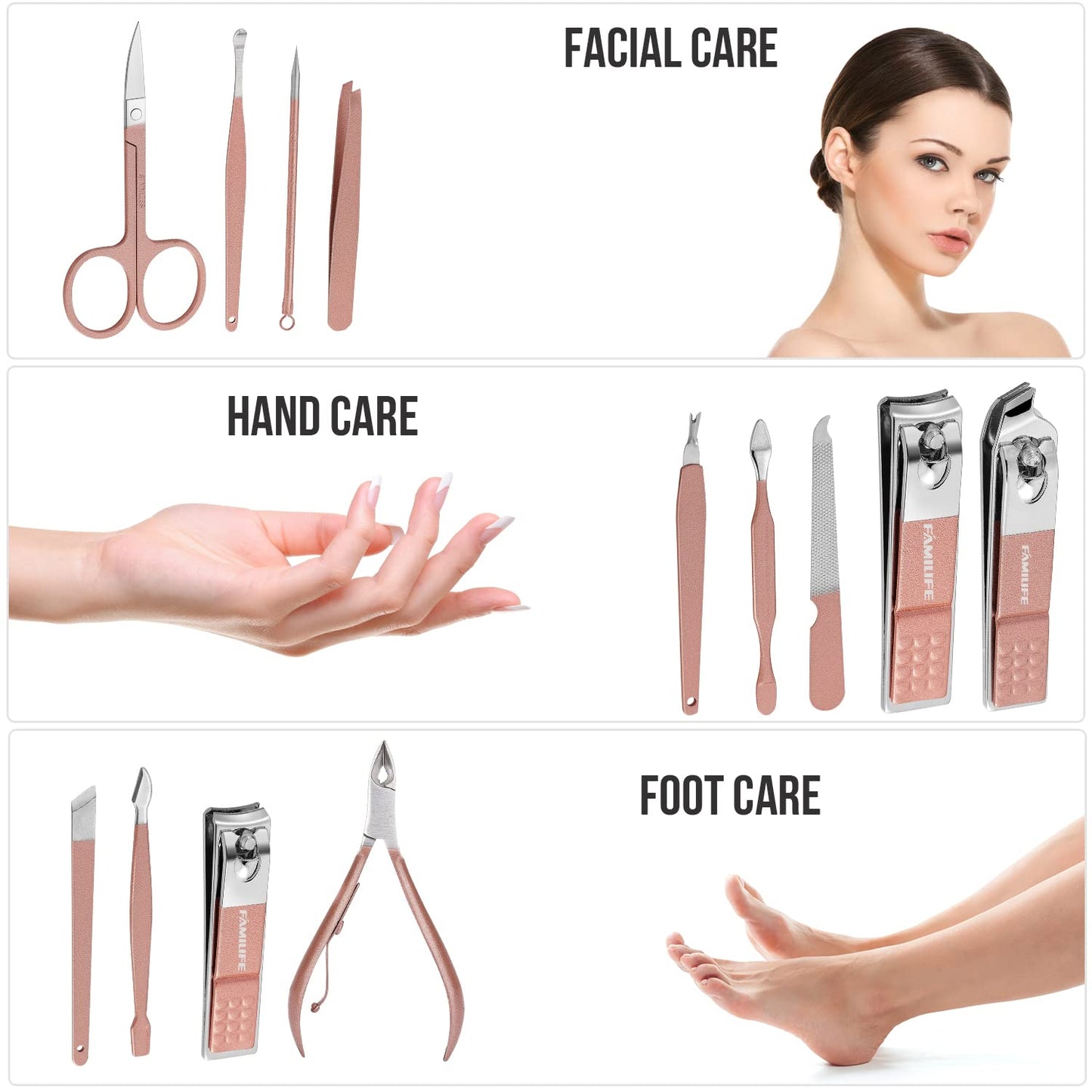 FAMILIFE Manicure Set, Professional Nail Kit Stainless Steel Nail Clipper Set, 13PCS Beauty Tools Manicure Kit Pedicure Tools, with Portable Pink Leather Travel Case for Her
