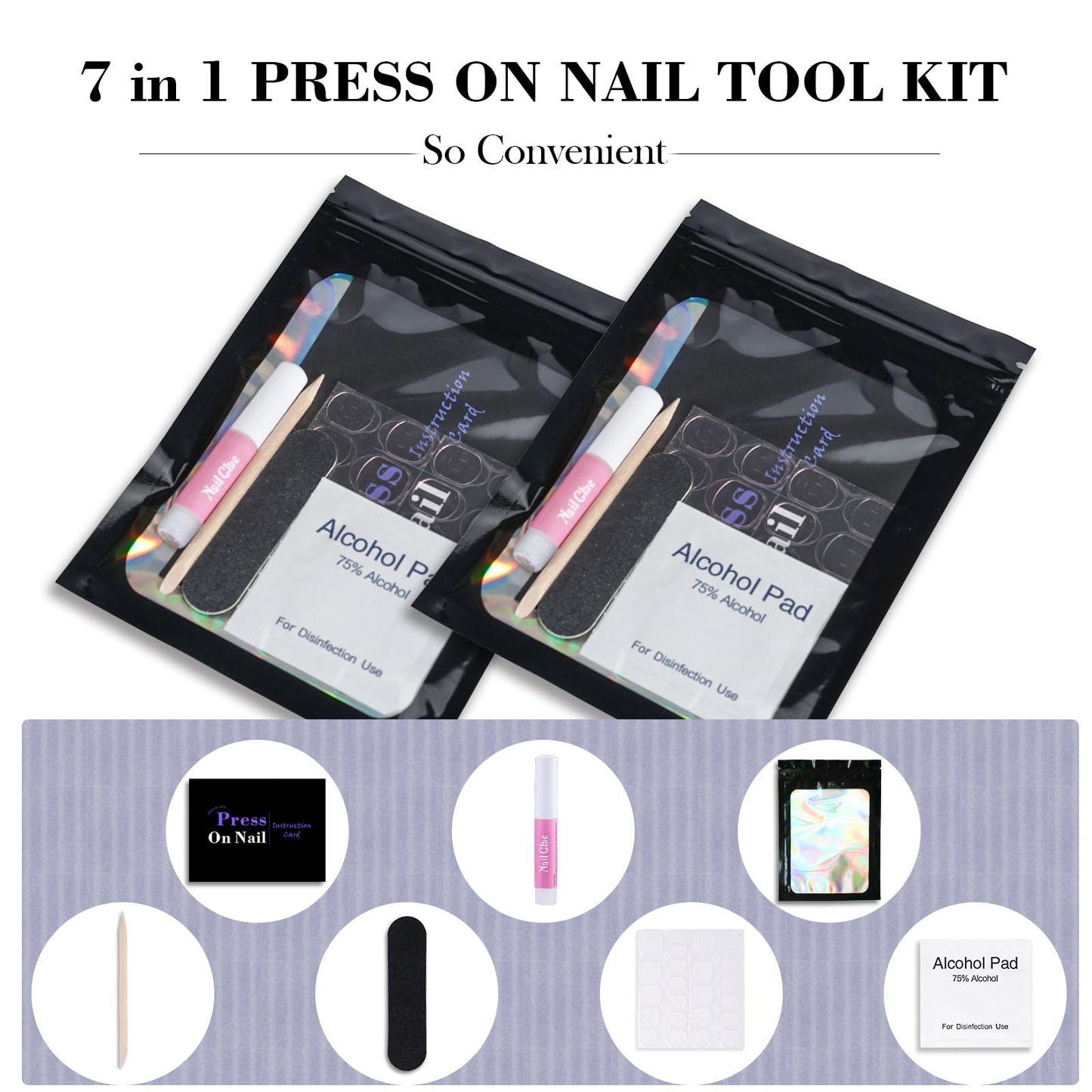 Disposable Nail Supplies Kits,Professional Manicure Press On Nail Tool Kit With Nail File,Adhesive Tabs,Nail Glue,Sticks, Prep Pads,Bags,Cards for Nail Business (Black-350pcs50set)