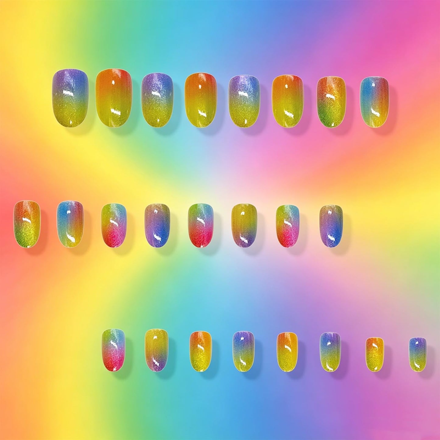 Rainbow Press on Nails With Pride Design, Medium Oval False Nails, Glossy Shimmer Glitter Fake Nail Sparkly Ombre Glue on Nail, Shine Gradient Stick on Reusable Acrylic Fingernail for Women Daily Wear