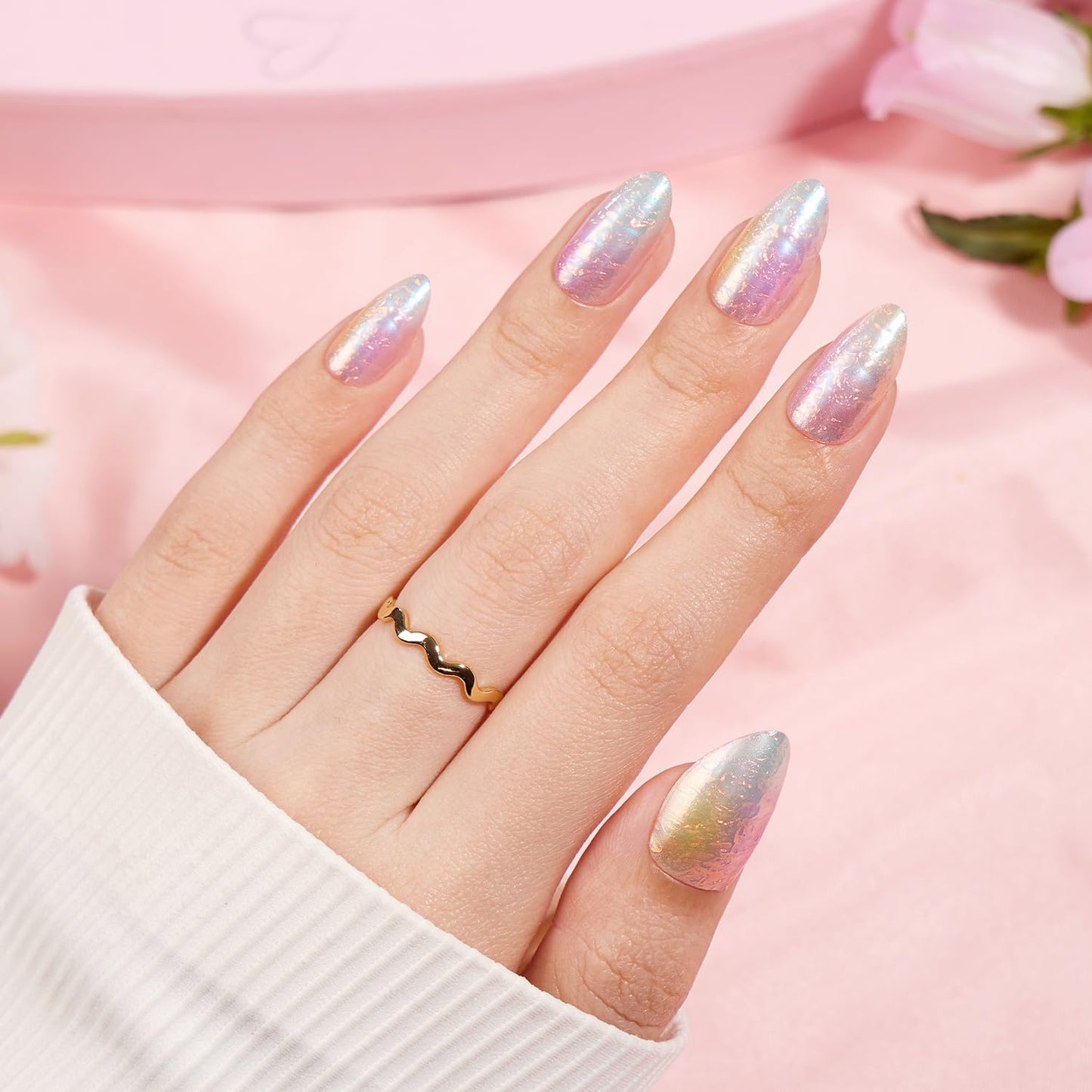 VSALON Press on Nails Medium Almond - Colorful Sfumato Golden Foil Nails Kit for Women, Reusable Spring Summer Opaque Soft Gel Fake Nails with Glue & Cuticle Oil - 32 PCS Glue On Nails in 16 Sizes