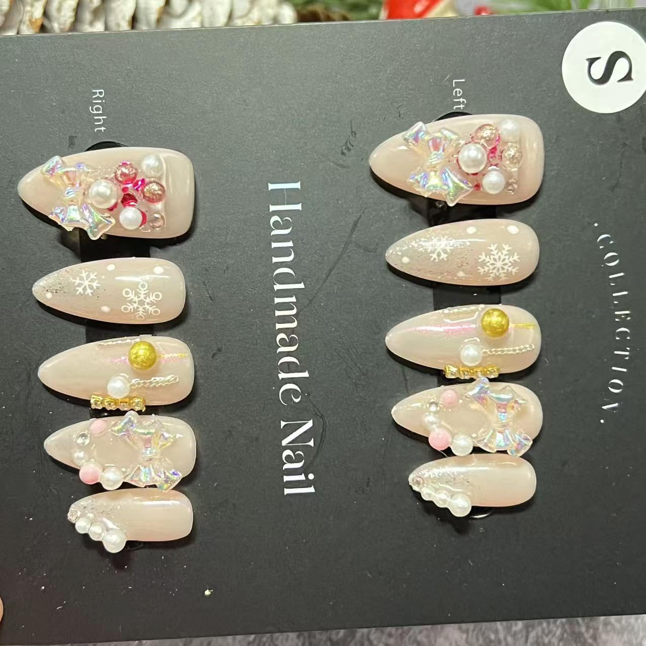 Christmas Handmade Press on Nails Short Almond Fake Nails Xmas Muti-Layer Gel False Nails with Snowflake Pearls 3D Bow Designs Thick Acrylic Full Cover Stick on Nail for Women 10 Pcs (Size S)