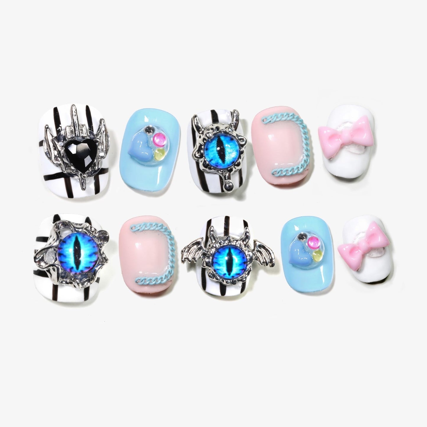 Sun&Beam Nails Handmade Press-on Short Round Black Pink White Blue Hand-painted Design Cool Fashionable False Nail Tips 10 Pcs (#147 S)