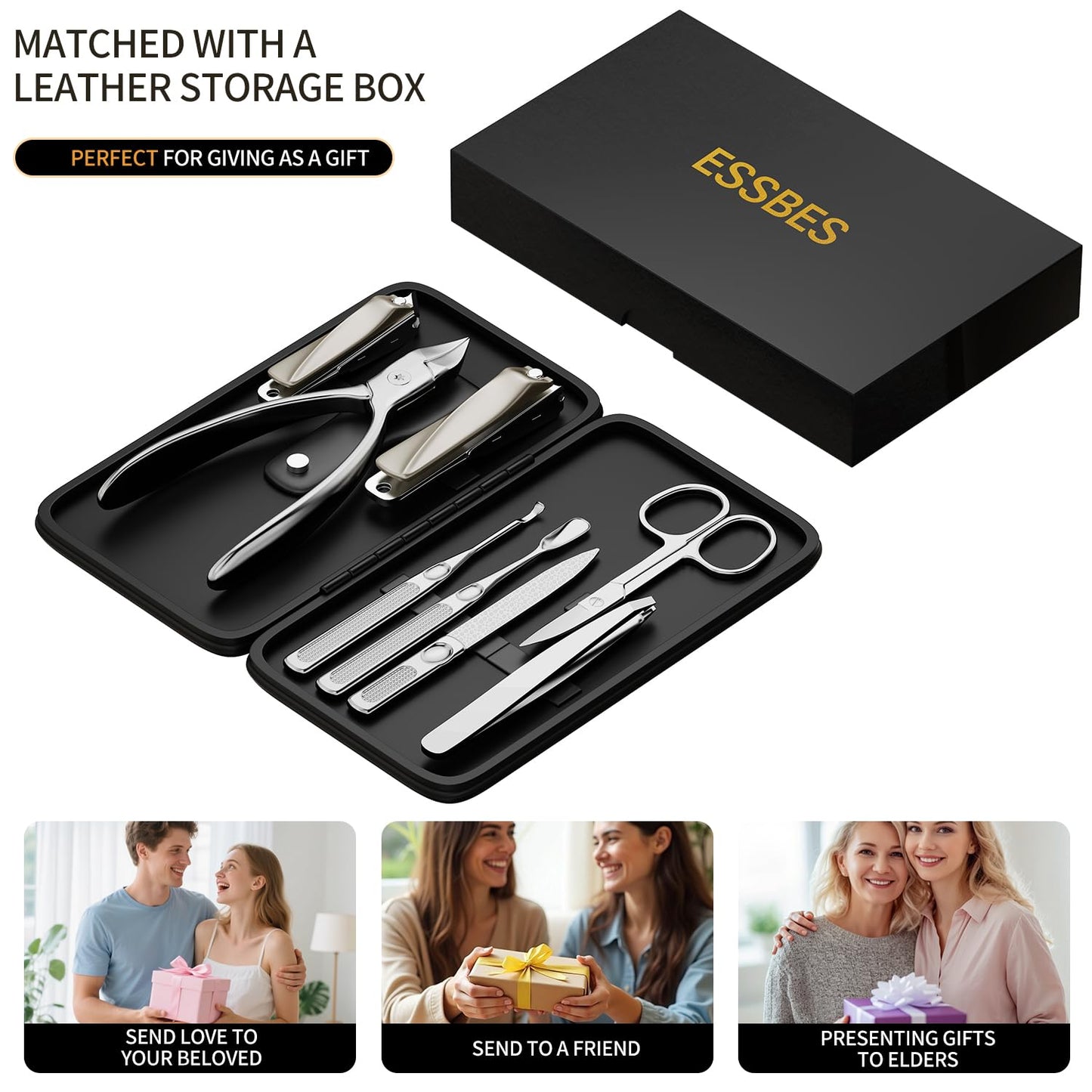 ESSBES Precision Nail Grooming Manicure Sets Pedicure Kits Stainless Steel Nail Clipper Personal Care Tools with PU Leather Case
