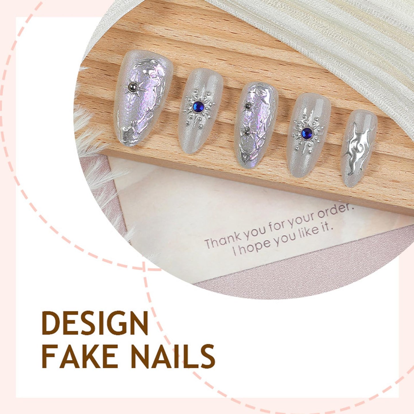 30Pcs Chrome Silver Press on Nails Short Almond French Fake Nails with 3D Blue Rhinestone Design Y2K Star Sun False Nails Glitter Full Cover Irregular Metal Silver Artificial Stick on Nails for Women