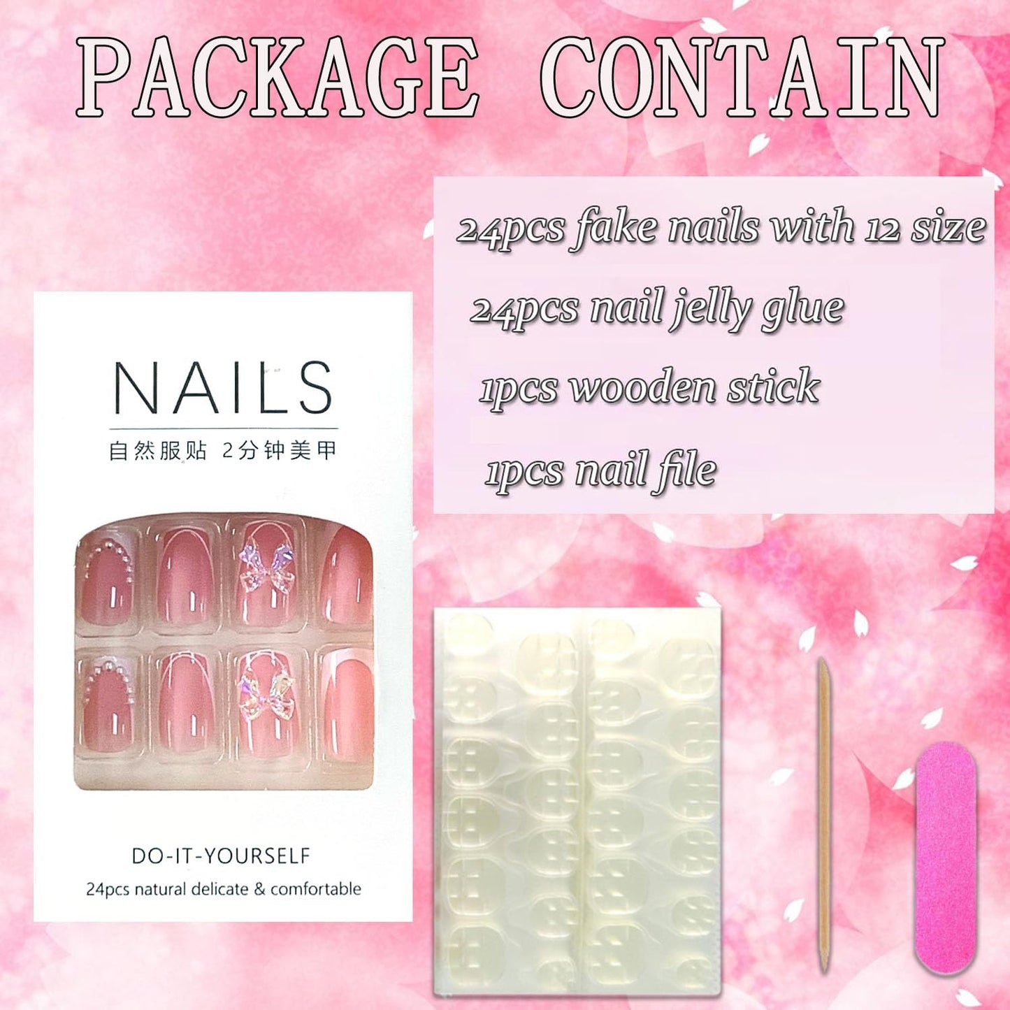 FIEONCIY Press on Nails Square Short Length Glossy Full Cover Acrylic Short Square Shaped False Nails with French Designs Artificial Fake Nails Glue Stick ons Fingernails for Women Girls(W2445)