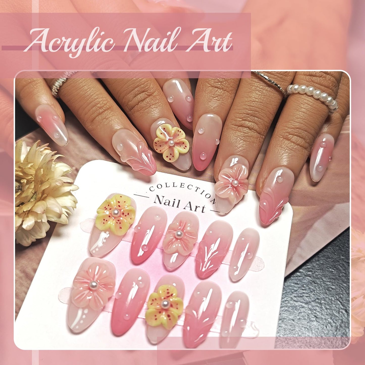 Handmade Acrylic Press On Nails Almond, Short Almond Press On Nails Pink, Ombre 3D Flower Nails For Women Gift, Reusable Stick On Fake Nails Kit With Nail Glue(3D Floral Blush-M)