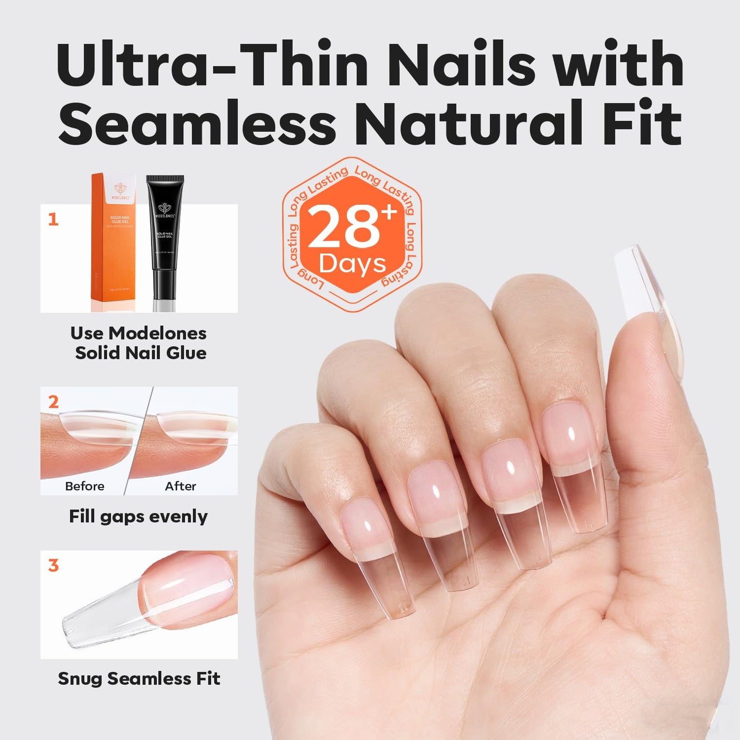 modelones Pro Luxe Instant Nail Apex Tips 15 Sizes, Medium Coffin Extension Gel Tips Pre-building & Pre-etched Thicker Strength Acrylic Fake Nails Full Cover 120 Pcs