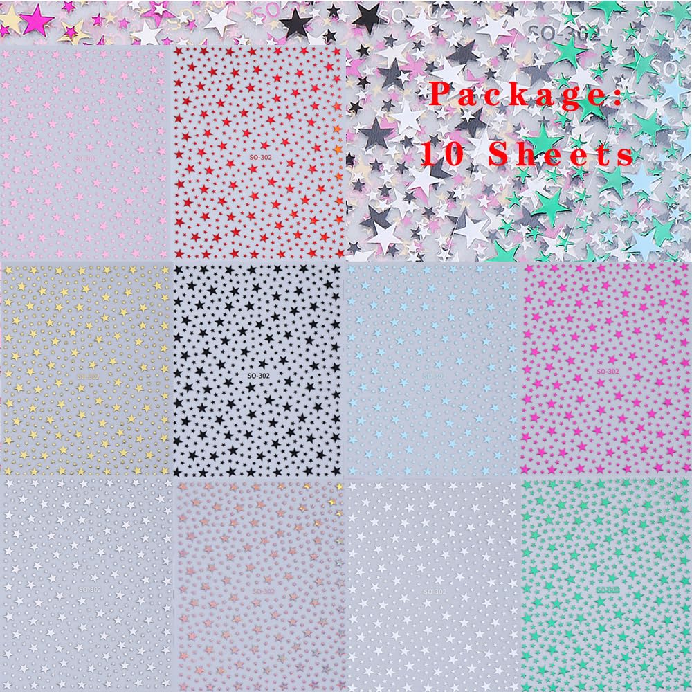10 Sheets Star Nail Stickers for Nail Art, 3D Self-Adhesive Small Nail Decals, Nail Supplies Nail Art Design Accessories for Women and Girls Manicure DIY Decoration