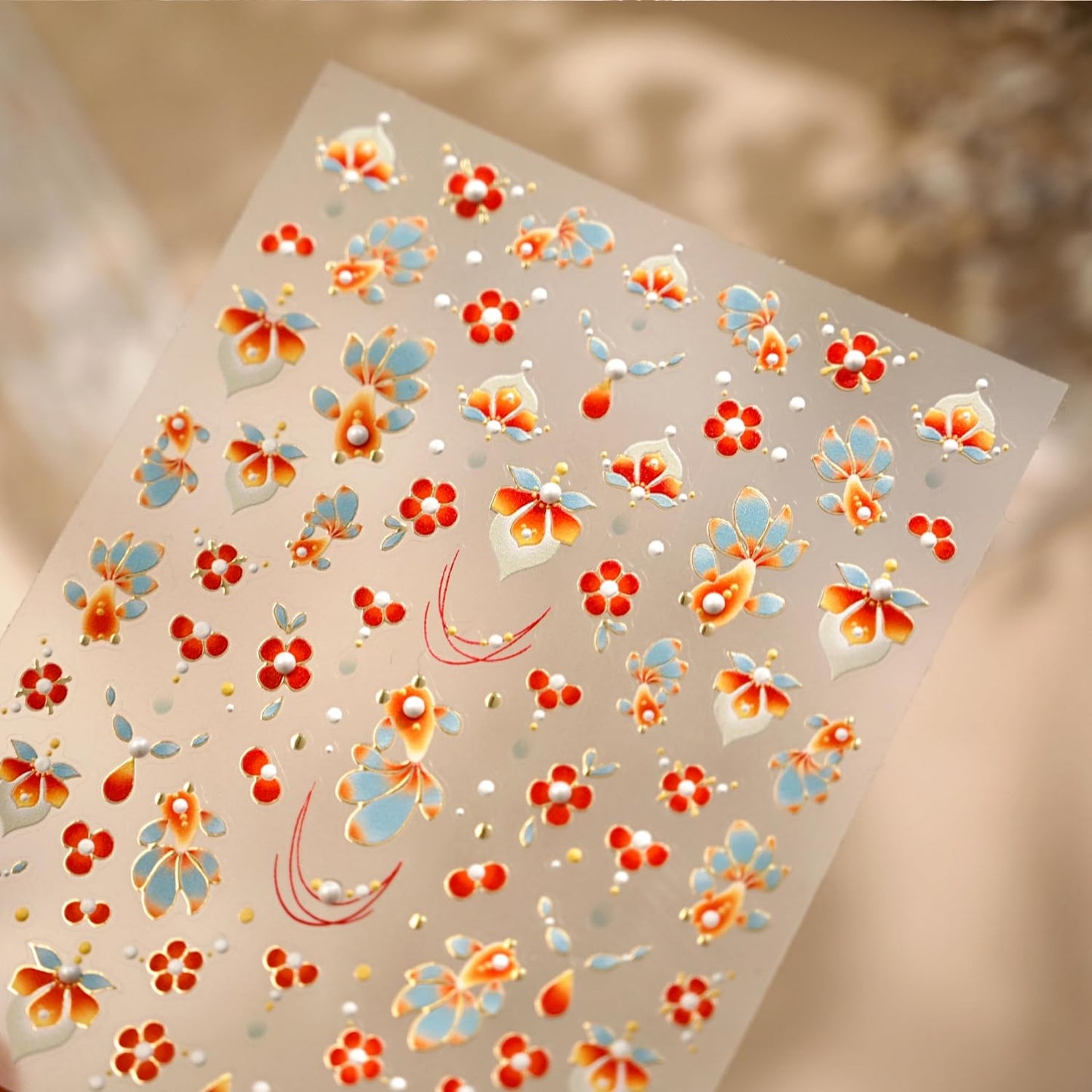 Summer Nail Stickers for Nail Art 5D Embossed Red Flower Nail Decals Koi Fish Nail Art Stickers with Pearl Design Spring Nail Charms Supplies for Women Girls