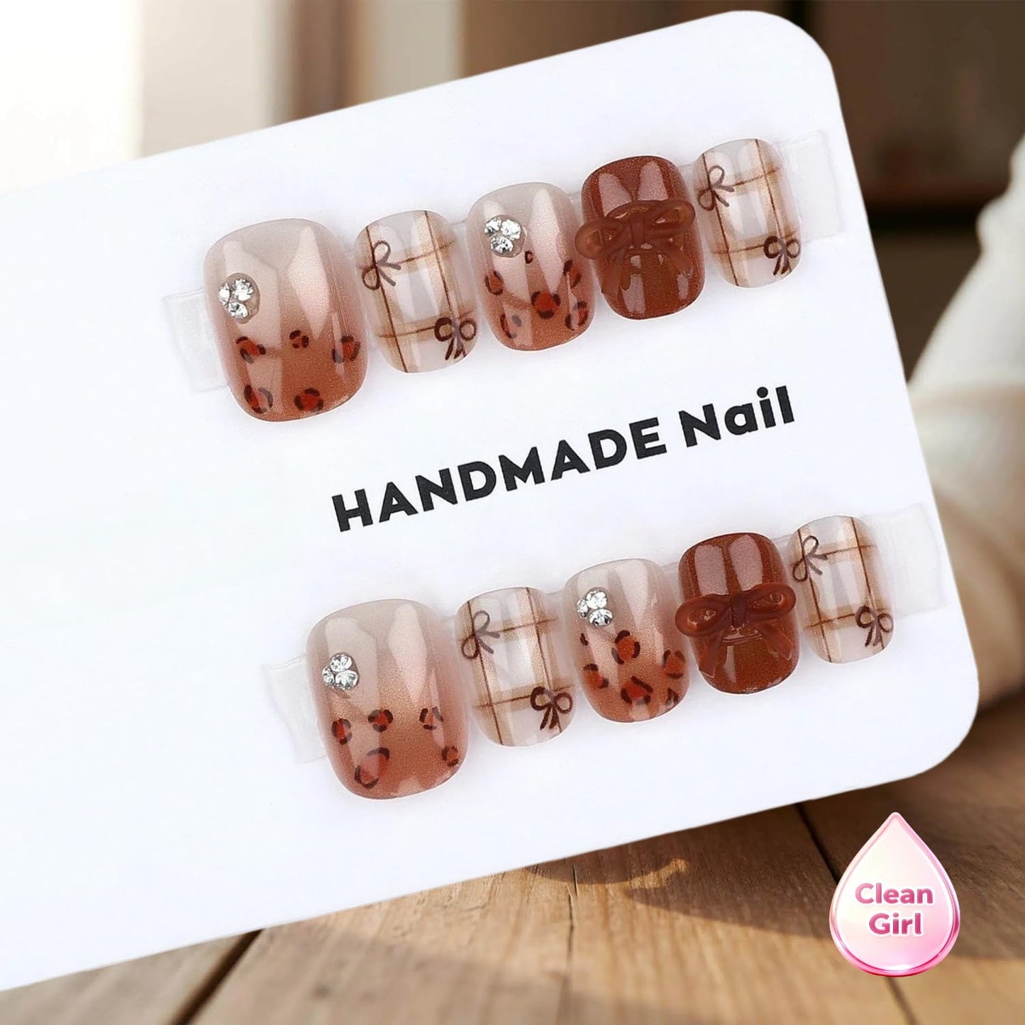 Brown Bow Press On Nails, Nude Plaid False Nails with 3D Bow Accent, Short Square Glue On Nails for Women, Elegant Cute Design for Daily Wear & Special Occasions,30PCS Set (The sizing runs small)