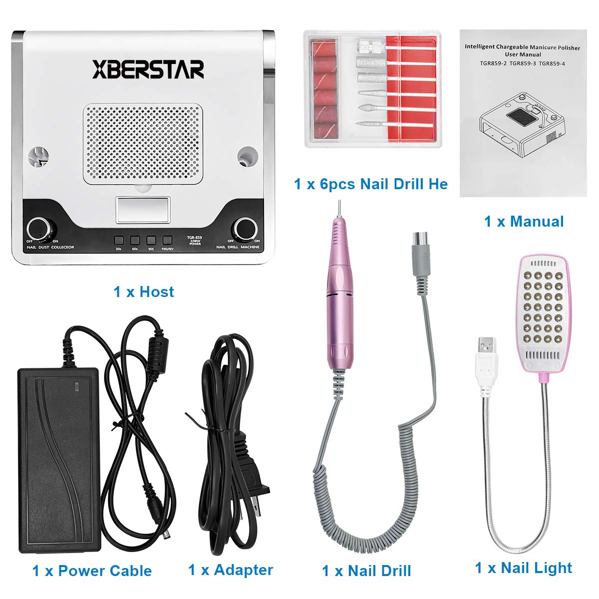 XBERSTAR Nail Dust Collector,54LED 108W 4‑in‑1 Electric Suction Dust Fan for Acrylic Gel Nails Kit Nail File Drill Professional Salon Nail Art Equipment Kit (White)