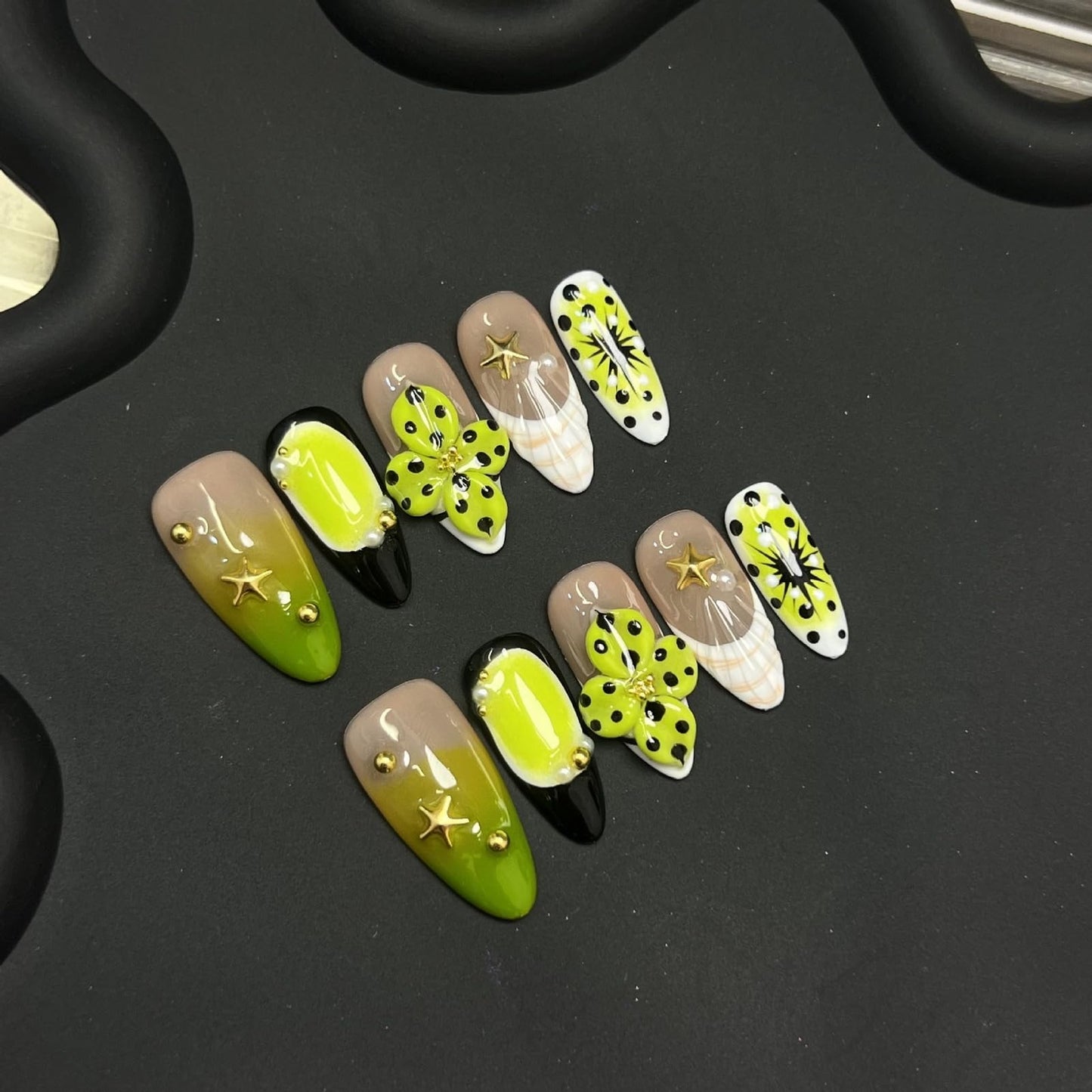 Handmade Press on Nails for Women - Medium Almond 3D Thick Acrylic Reusable Fake Nails with Designs Summer Floral Boho Funky Tropical Cute Nail-art Set 10pcs,neon-green,M