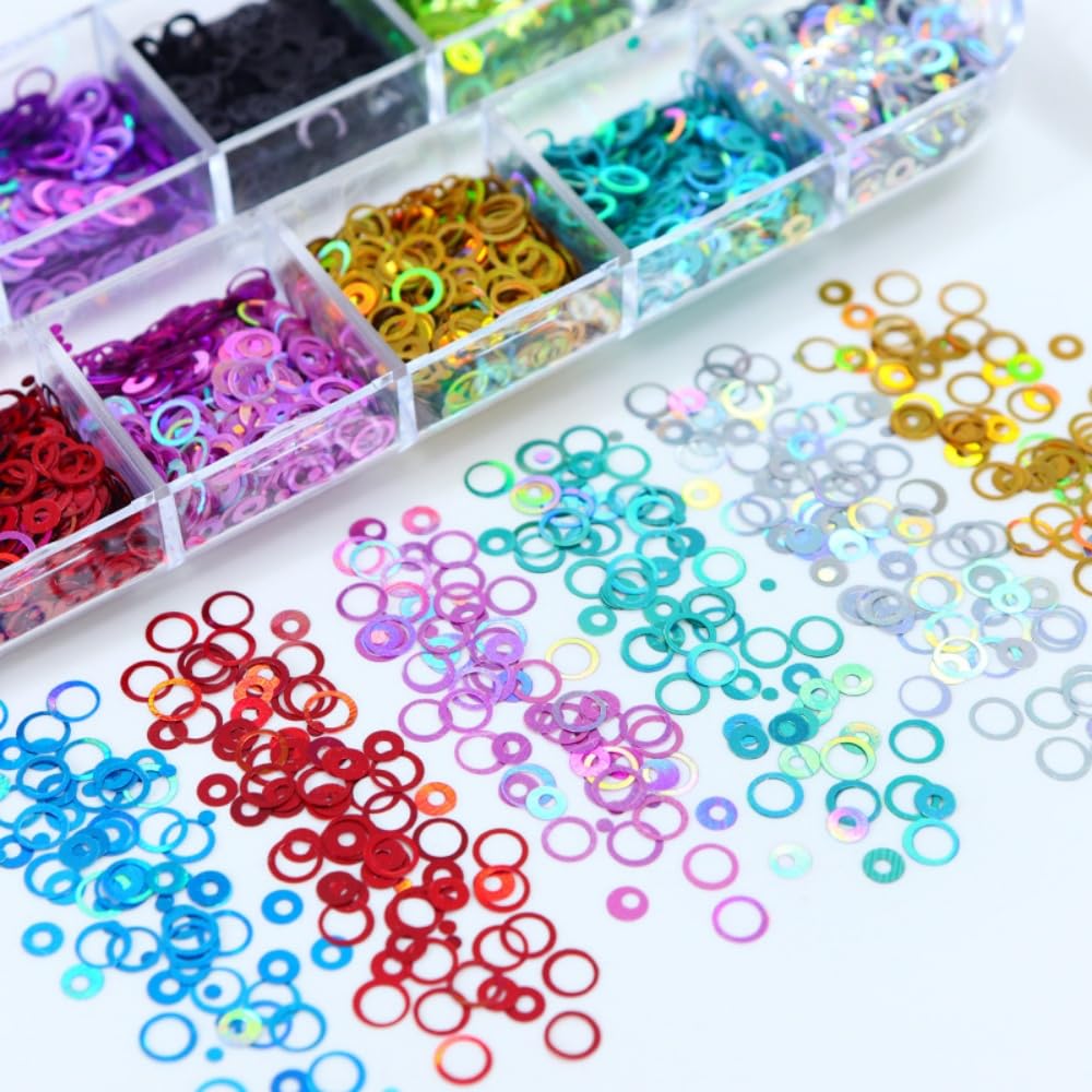 1 Box 12 Color Holographic Hollow Circle Nail Glitter Red Purple Nail Sequins 3D Laser Silver Nail Flakes Sparkly Powder Flakes Shiny Nail Glitter Colorful Nail Sequins Glitter for Nails Art 12 Grids