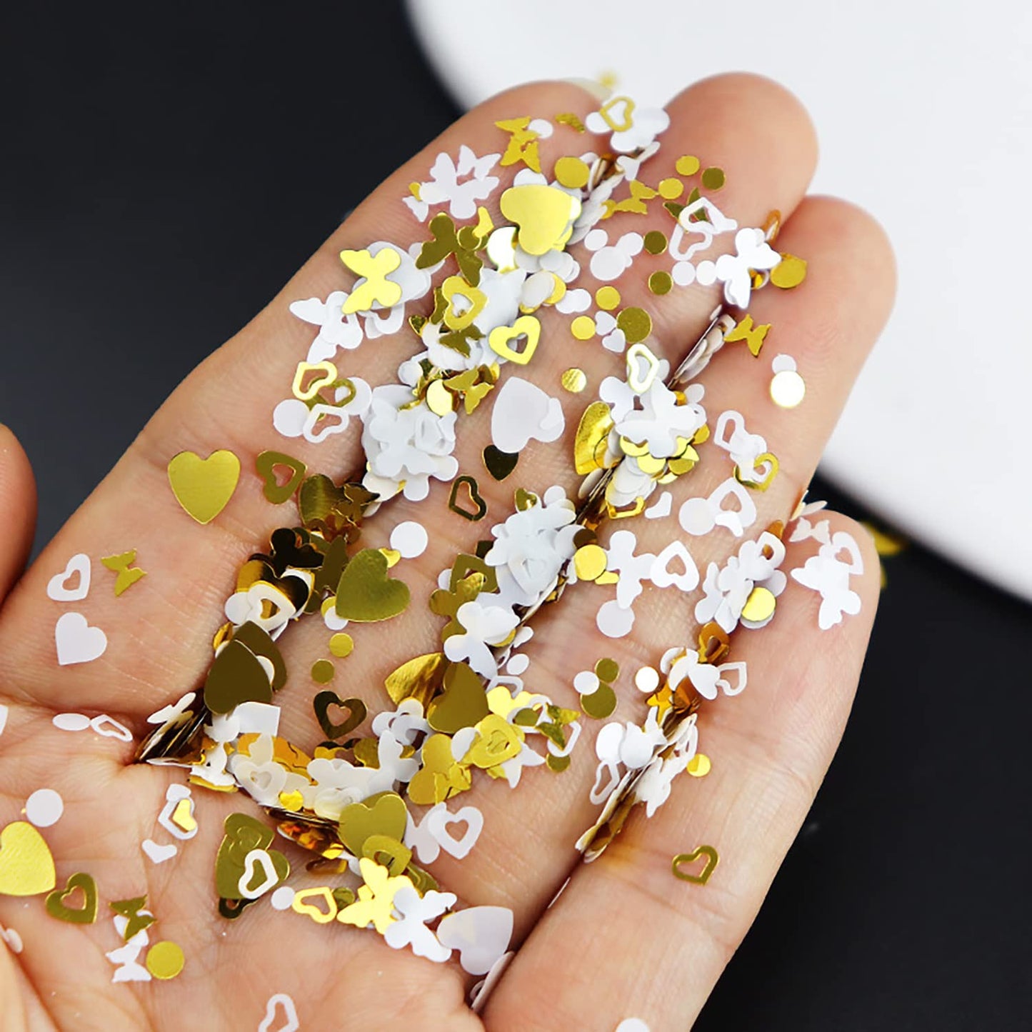 Gold Glitter Sequins, Holographic 3D Love Heart Butterfly Circle Glitter Flakes, Sparkly Gold White Nail Designs Set for DIY Shiny Nails Crafts