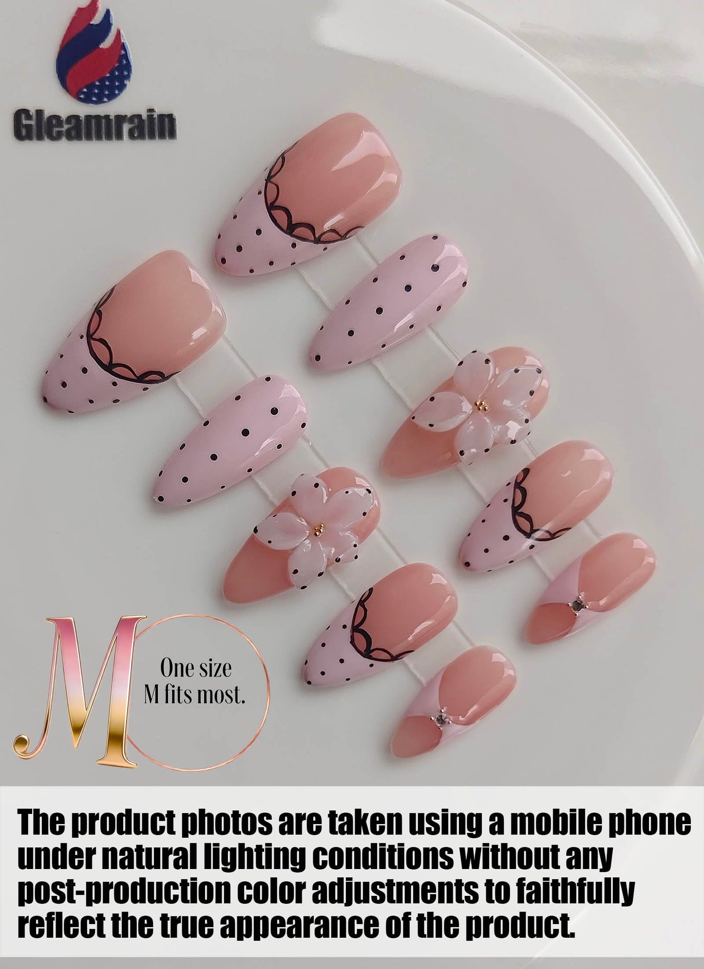 Gleamrain Glam Almond Medium Handmade Press on Nails Cute for Women, Gleamrain Handcrafted Floral and Polka Dots Design Reusable Full Cover Fake Nail Pink for Daily Wear Party Birthday D322
