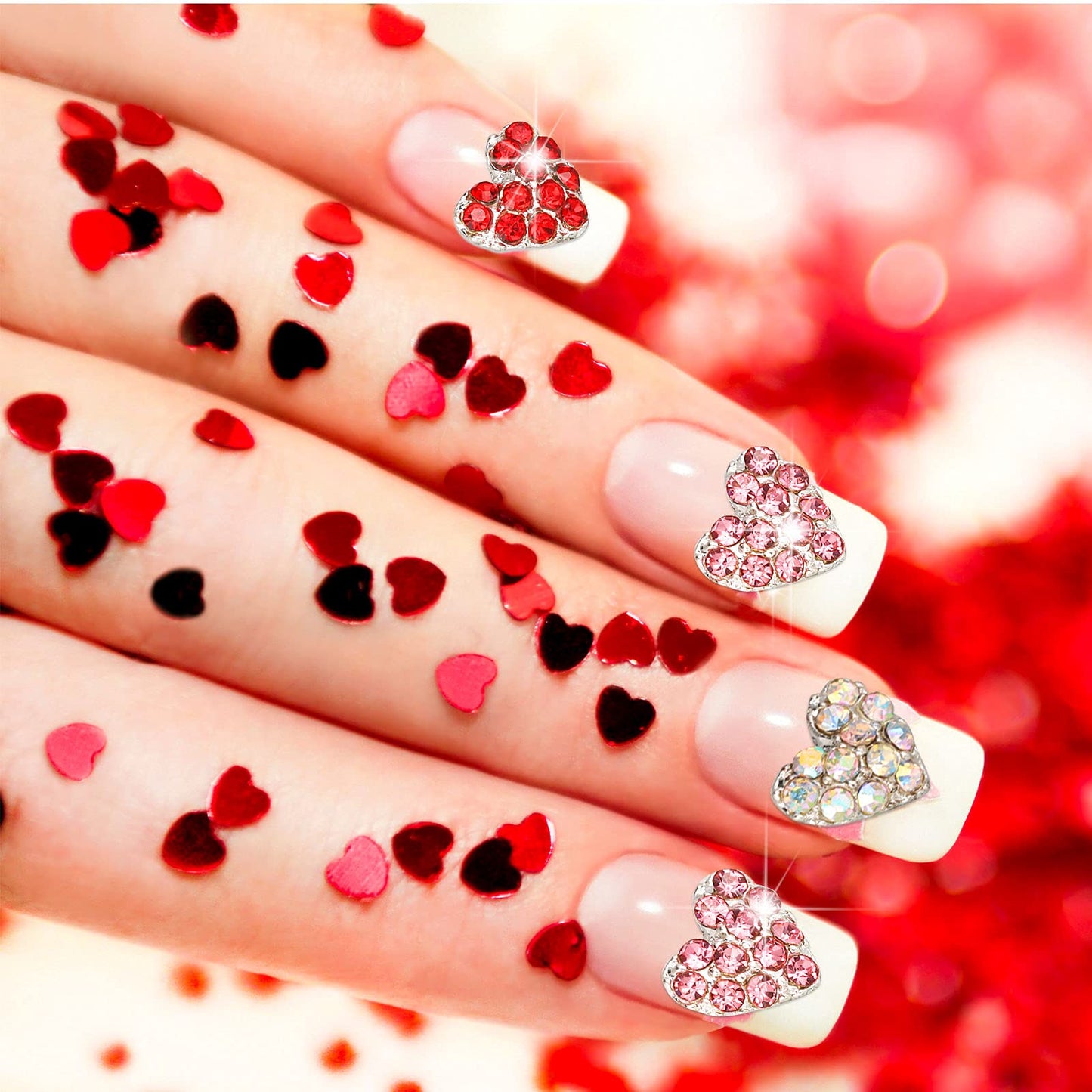 Leelosp 36 Pcs Valentine Heart Nail Charms for Nail Art, 3D Red Heart Rhinestone Decals Silver Crystal Charms Diamond Alloy Gems for Women Valentine's Decorations