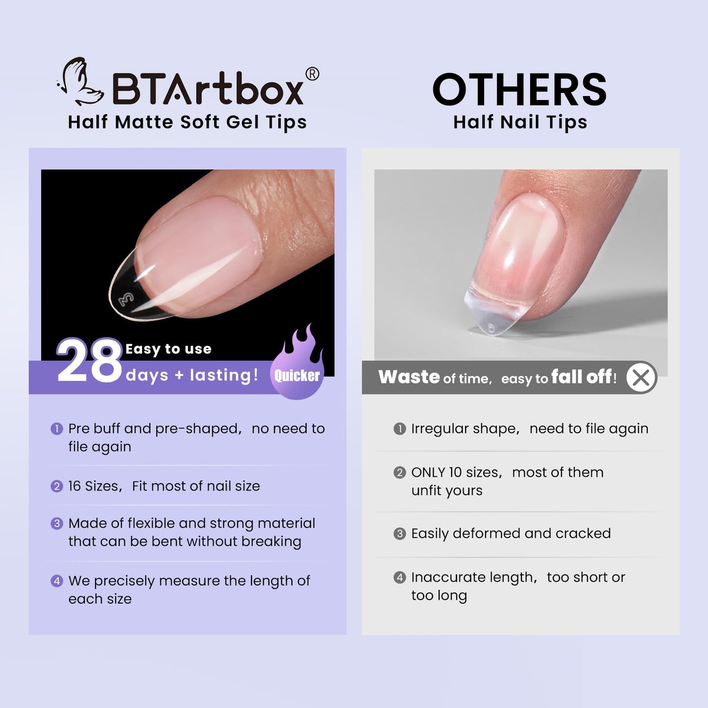 BTArtbox Short Almond Nail Tips - 320pcs Pre-shape Half Matte Soft Gel Tips, Clear Ultra Fit & Natural Acrylic Fake Nails for Full Cover Nail Extension, 16 Sizes