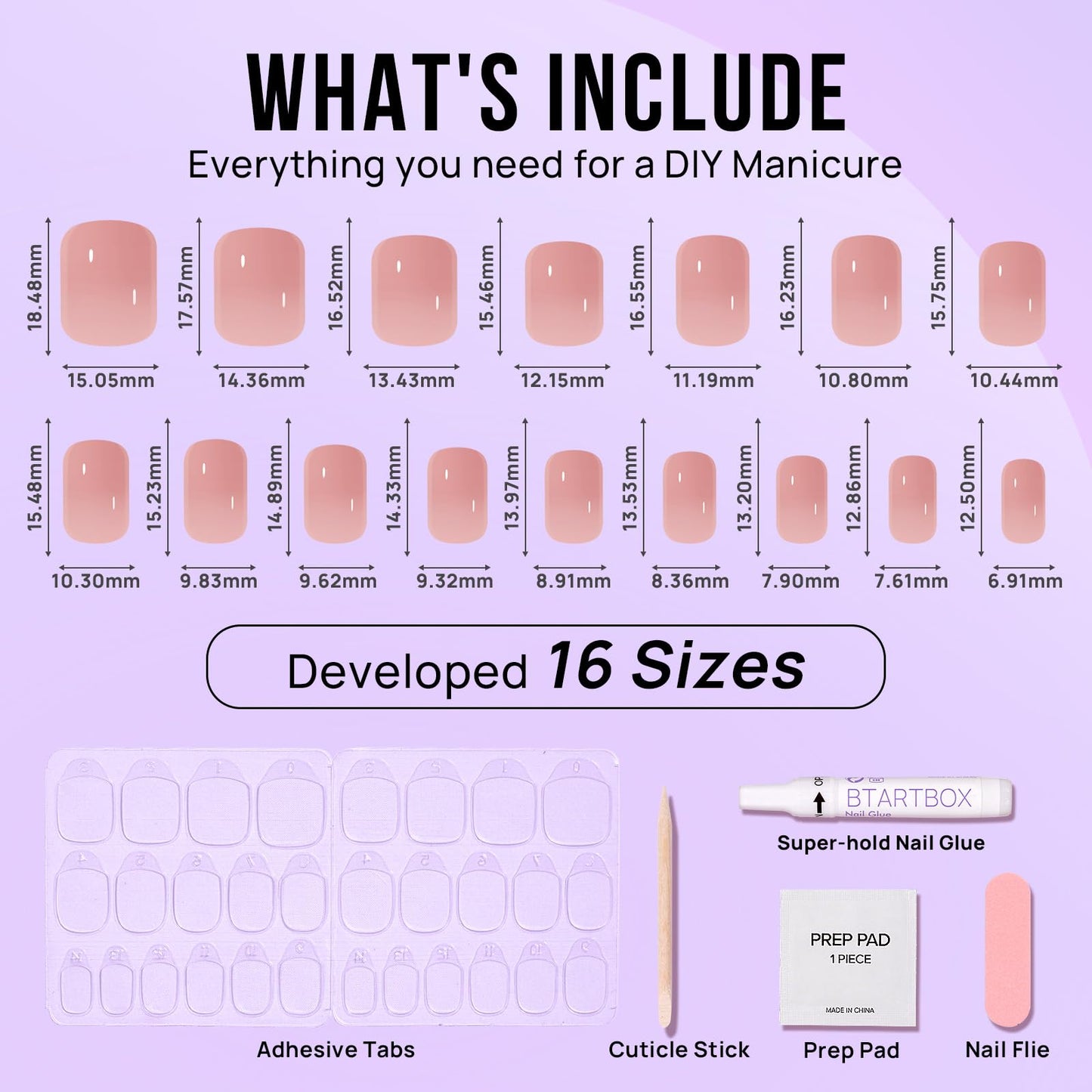 BTArtbox Press On Nails Short - Nude Square Nail Tips Glue On Nails, Reusable Stick On Nails in 16 Sizes - 32 Soft Gel Fake Nails Kit, Cinnamon