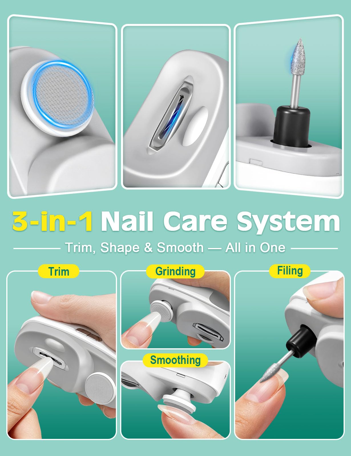Electric Nail Clipper, 3 in 1 Nail Trimmer & Electric Nail File with Debris Collection, One Touch Rechargeable Baby Nail Trimmer Electric for Seniors, Adults, Kids