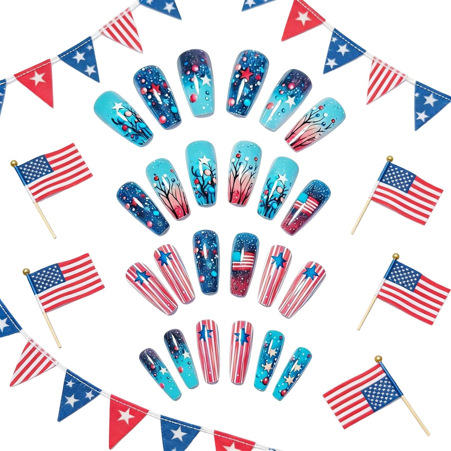 4th of July Press on Nails Ballet Shaped Artificial Fingernails US Flag Colorful Polka Dot Stars Glitter Fake Nails Medium Independence Day Stick on Glue on Acrylic Nail for Women Holiday Manicure