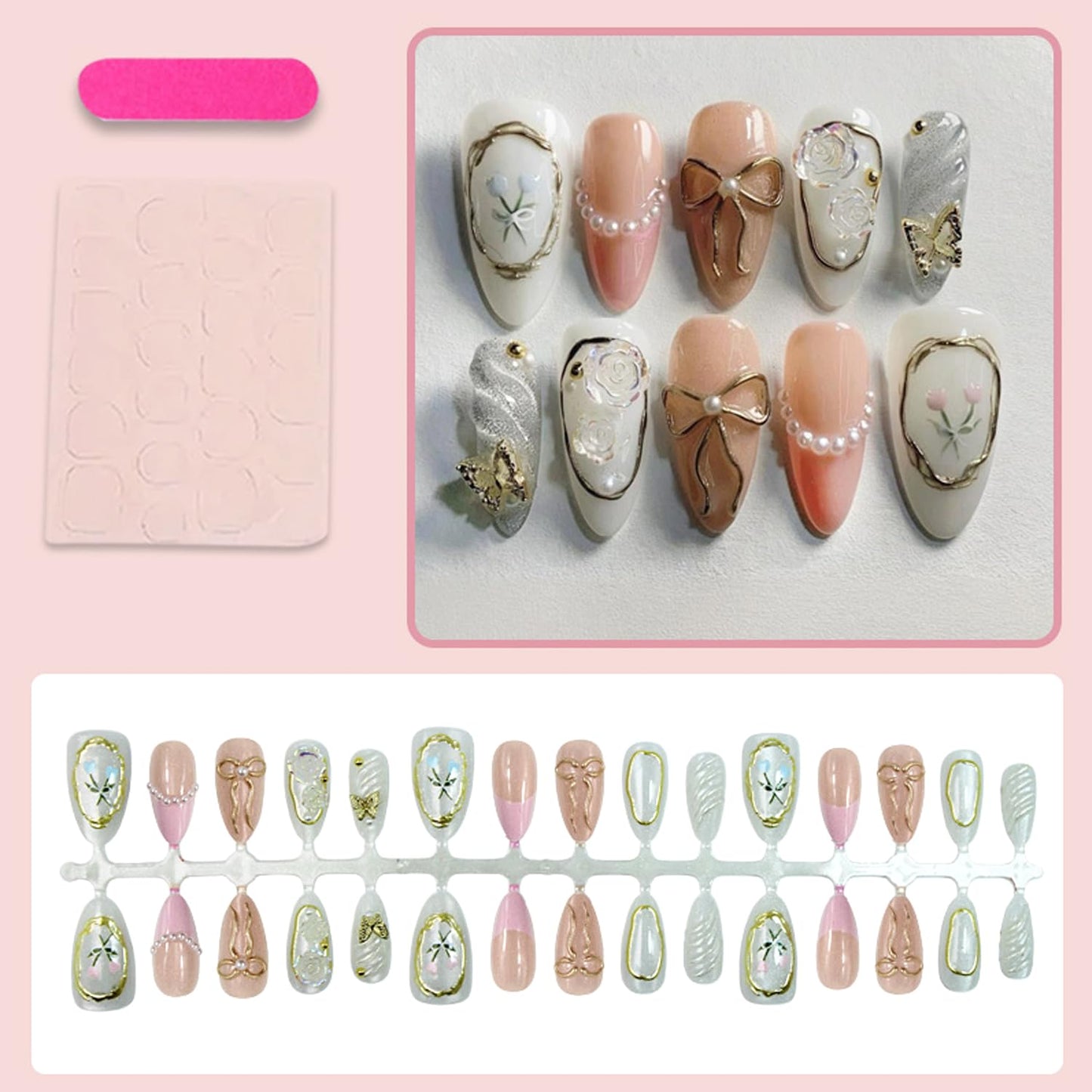 30pcs Almond Fake Nails 3D Gilded French Style Cute Gold Bow False Nail Tips with Rhinestone Pearl Press on Nails Set Butterfly Tulip Water Drop Full Cover Stick on Nails for Women Acrylic Nail Kit