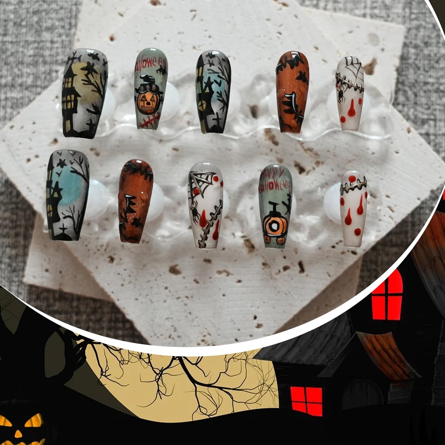 Tesytto Handmade Kawaii Press on Nails Long Coffin - 3D Cartoon Character Design, Luxury Hand-Painted Anime Style False Nails for Women (Halloween House Story,M)