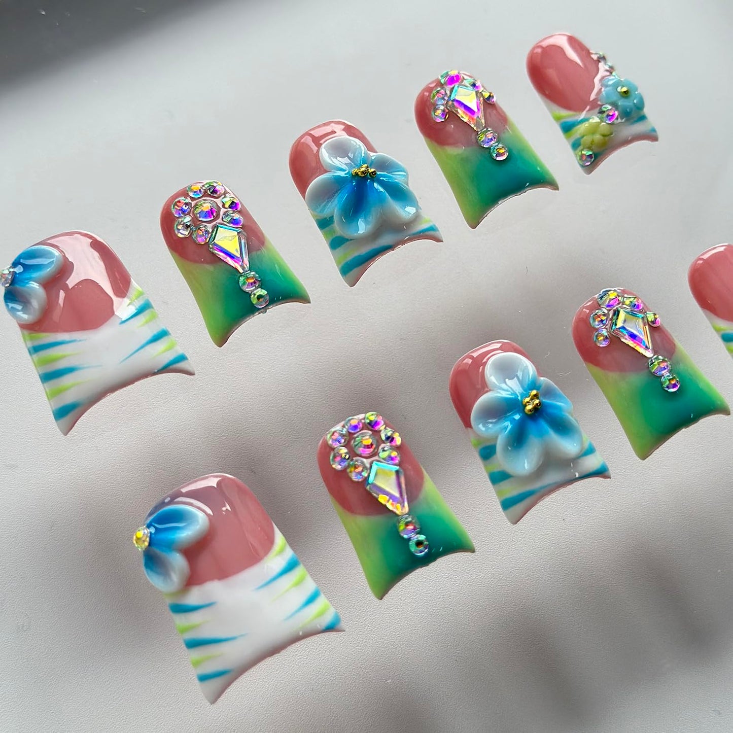 Luxury Press on Nails Short Duck Handmade 3D Unique Reusable ABS Material Fake Nails French Tip False Nails with Designs Floral Rhinestones Blue&Green Glossy Glue on Thick Acrylic Nails(M)