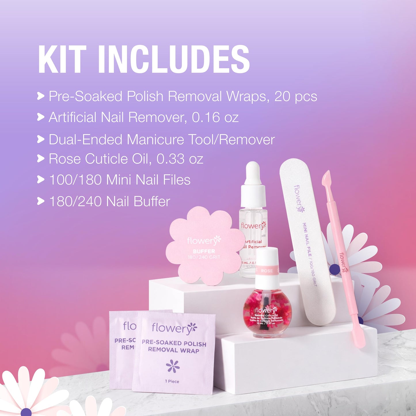 Flowery Pro Artificial Nail Removal Kit – Gel Nail Polish Remover Kit with Rose Cuticle Oil, Buffer, Mini Files, & Pre-Soaked Polish Wraps, DIY Manicure Set