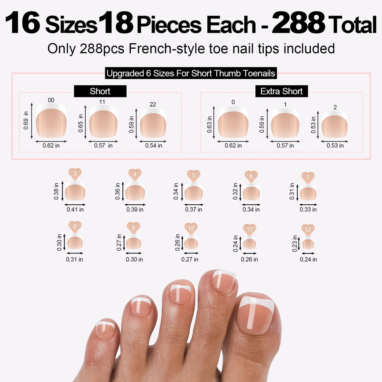 French Toe Nail Tips Press ons 288pcs, Pre-Designed 16 Sizes Soft Gel Full Cover Fake Toenails for Women Short Square, Pre-Applied Nude Base Coat & Tip Primer for DIY (Nude)