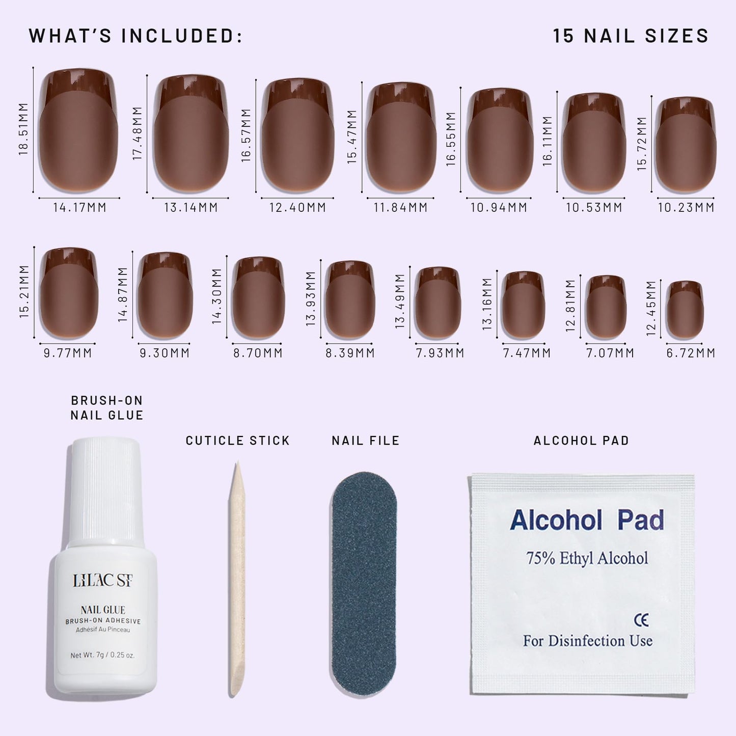 Lilac St - Press on Nails, Semi-Sweet (30 Nails, 15 Sizes) - Short, Square, Matte + Glossy, Opaque - Brush On Nail Glue, Nail File, Cuticle Stick, Prep Pad - Cruelty Free, Vegan, Women Founded