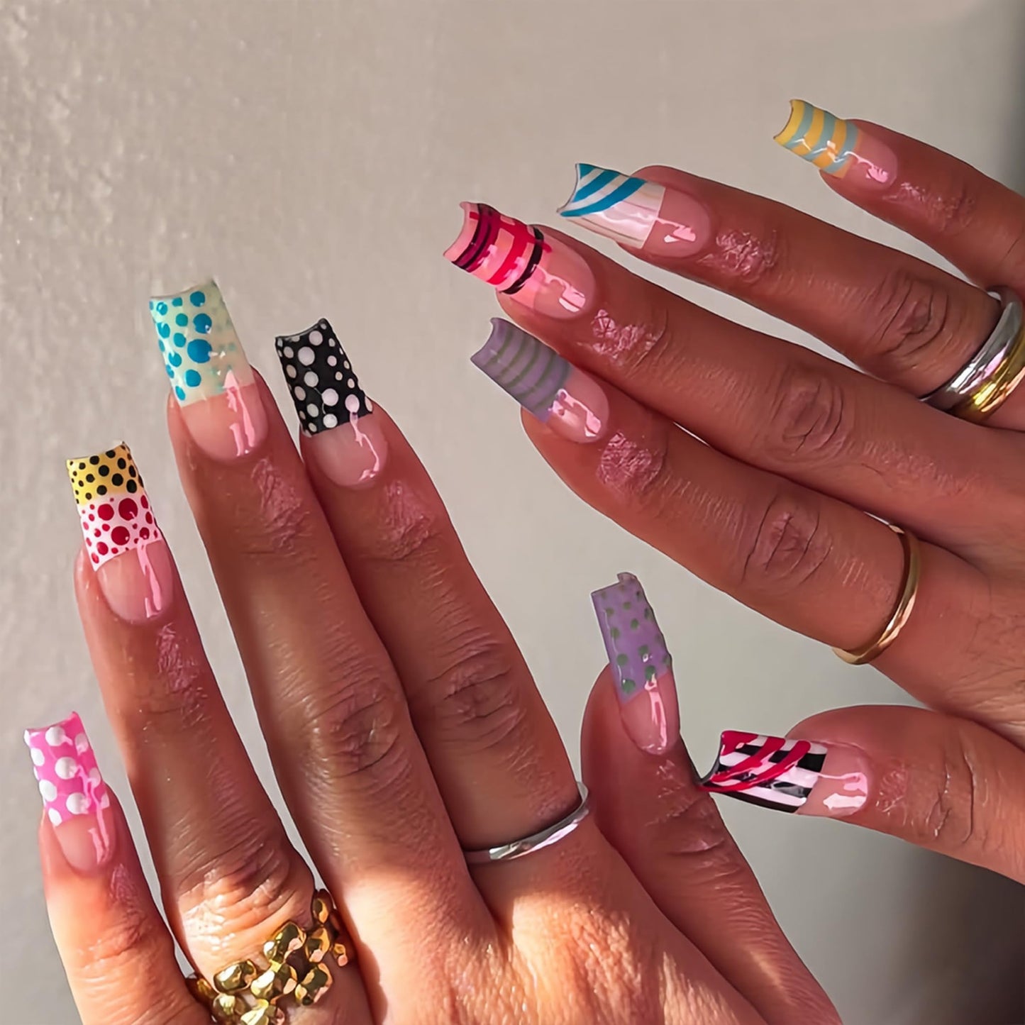 Long Press on Nails Square Fake Nails Multicolor Artificial Nail with Polka Dot Striped French Tip Beach Stick on Nail for Women 24pcs