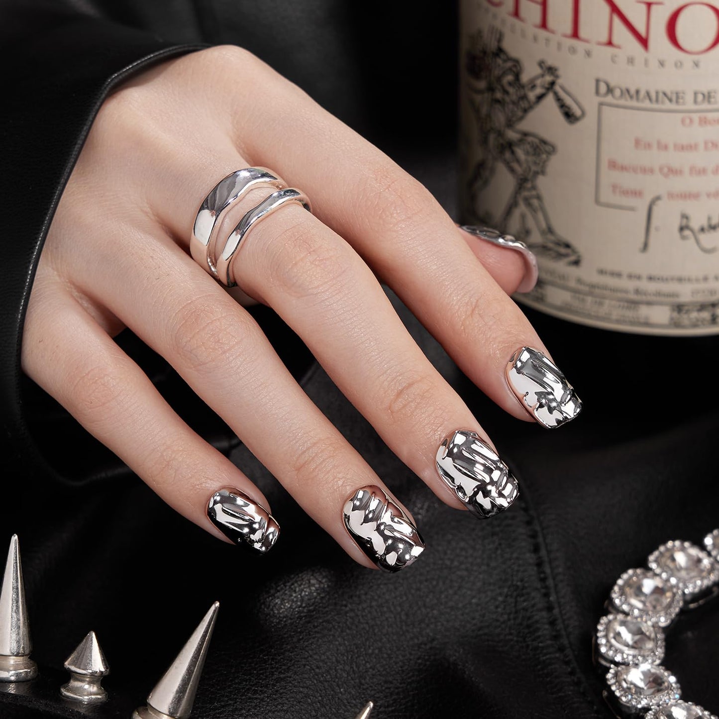 VSALON Short Square Press on Nails - Silver Metallic Chrome 3D Sculpting Fake Nails Kit, Reusable Opaque Punk Glue on Nails, Cuticle Oil - 32 PCS Stick on Nails in 16 Sizes