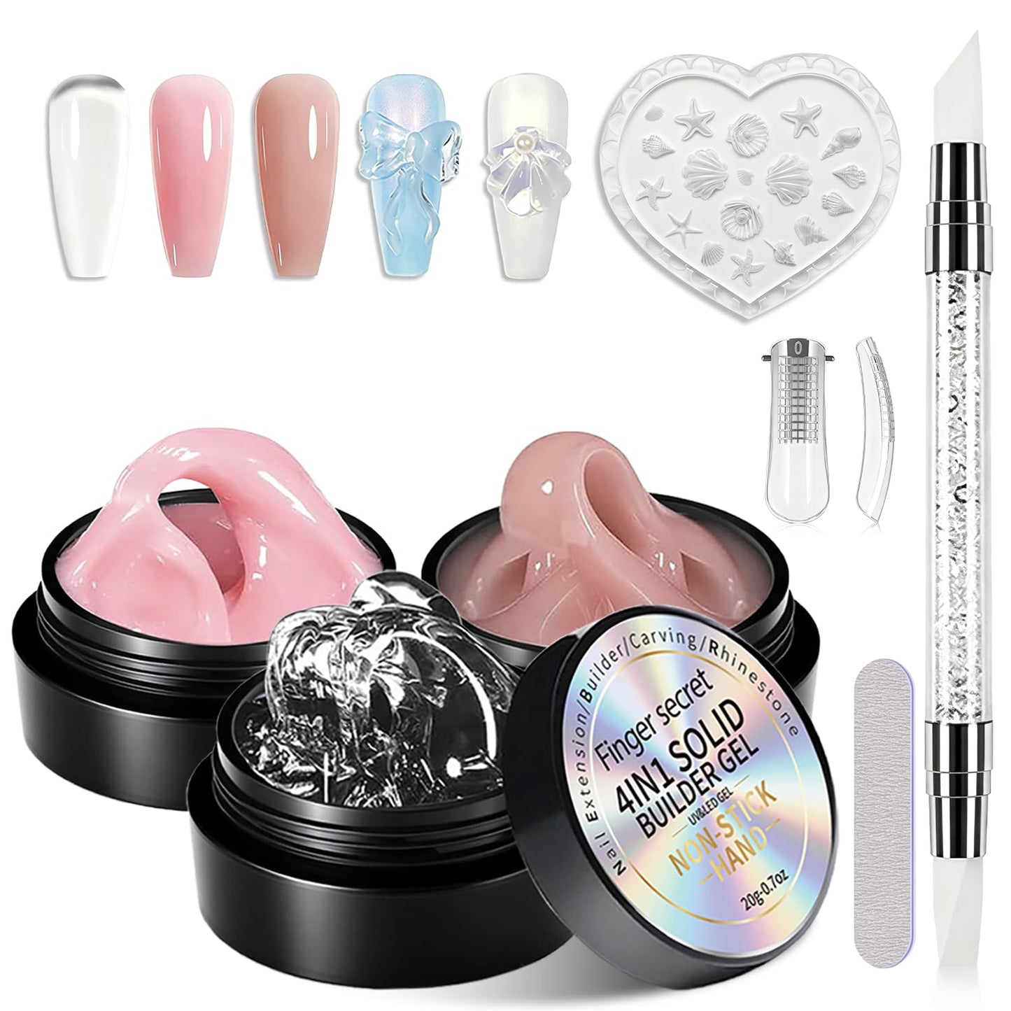 Finger Secret 3D Gel Nail Art Kit Solid Builder Gel for Nails 3D Sculpting Carving Building Modeling Hard Extension for Beginner DIY Salon at Home Cured Needed