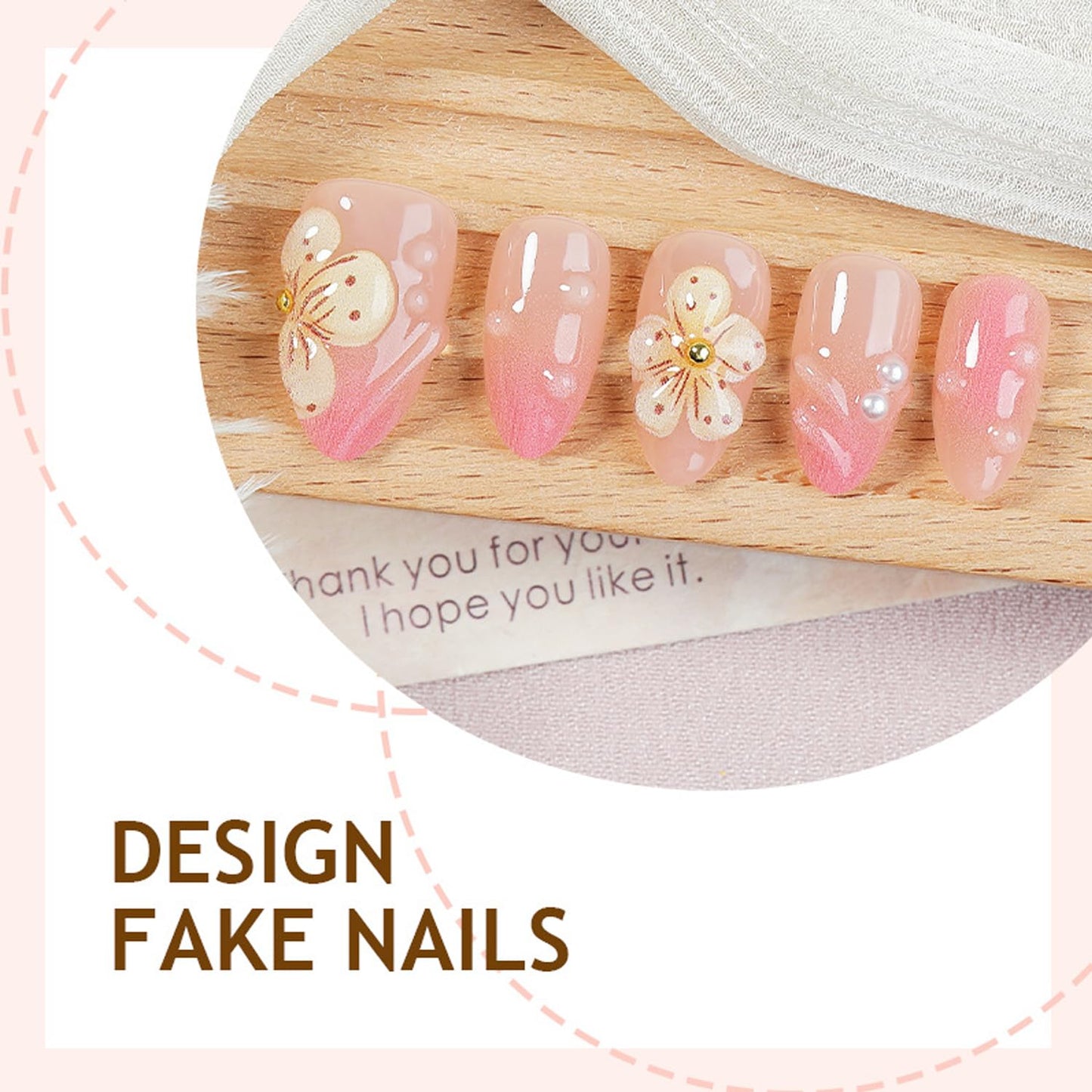 30Pcs Pink Press on Nails Almond Medium Fake Nails 3D Flower Ripple Charm Style, French Pink Nail Art, Floral False Nails Kit Glossy Full Cover Cute Stick on Nails for Sweet Women DIY Manicure