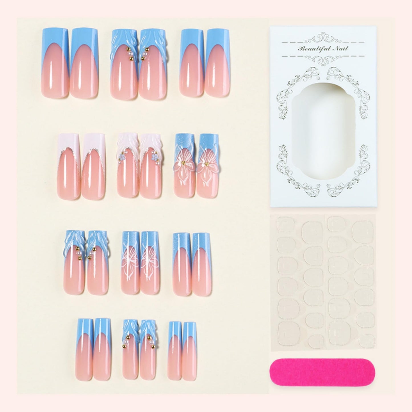 Long Press on Nails Square Fake Nails Blue Artificial Nail Ocean Wave French Tip Pearl Gold Bead Floral Glossy Stick on Nail Mermaid Summer Salon Look for Women 24pcs