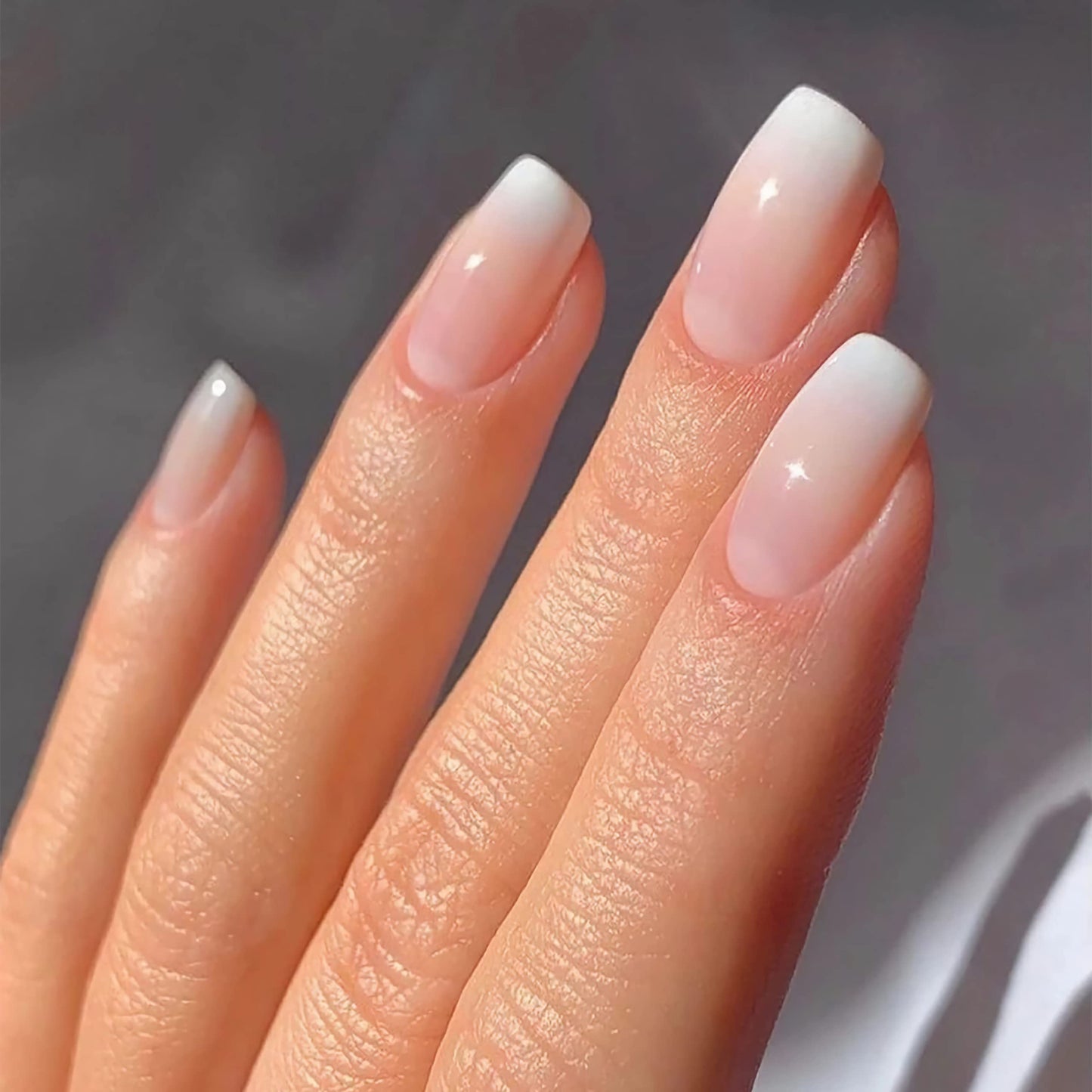 Qsnidy Press on Nails Square - French Ombre Pink Fake Nails Medium Acrylic Glossy Full Cover Stick On Nails for Women and Girls Daily Wear, Natural Fit Glue on Nails in 12 Sizes - 24 Nails Kit