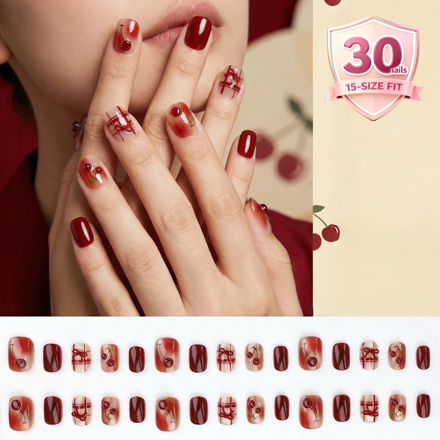 3D Cherry Red Press On Nails, Glossy Short Square Fake Nails with Fruit Design, Elegant Cute On Nails for Women, Salon Look, 30 Pcs Set (The sizing runs small)
