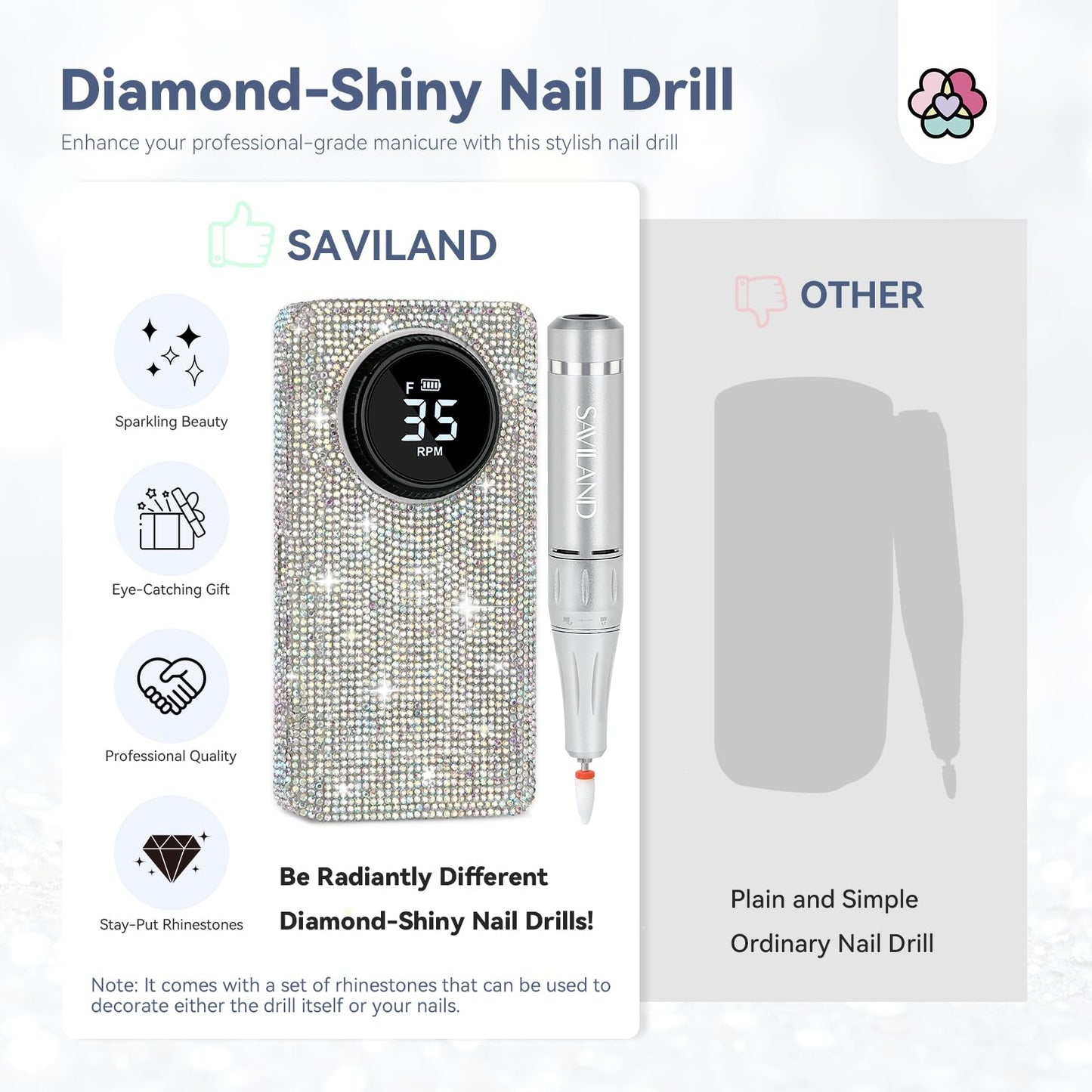 SAVILAND Professional Nail Drill Kit: 35000RPM Rhinestones Nail Drill for Nails Electric Nail File Professional Portable Efile with Drill Bits Nails Filer Buffer Salon Home Manicure Pedicure
