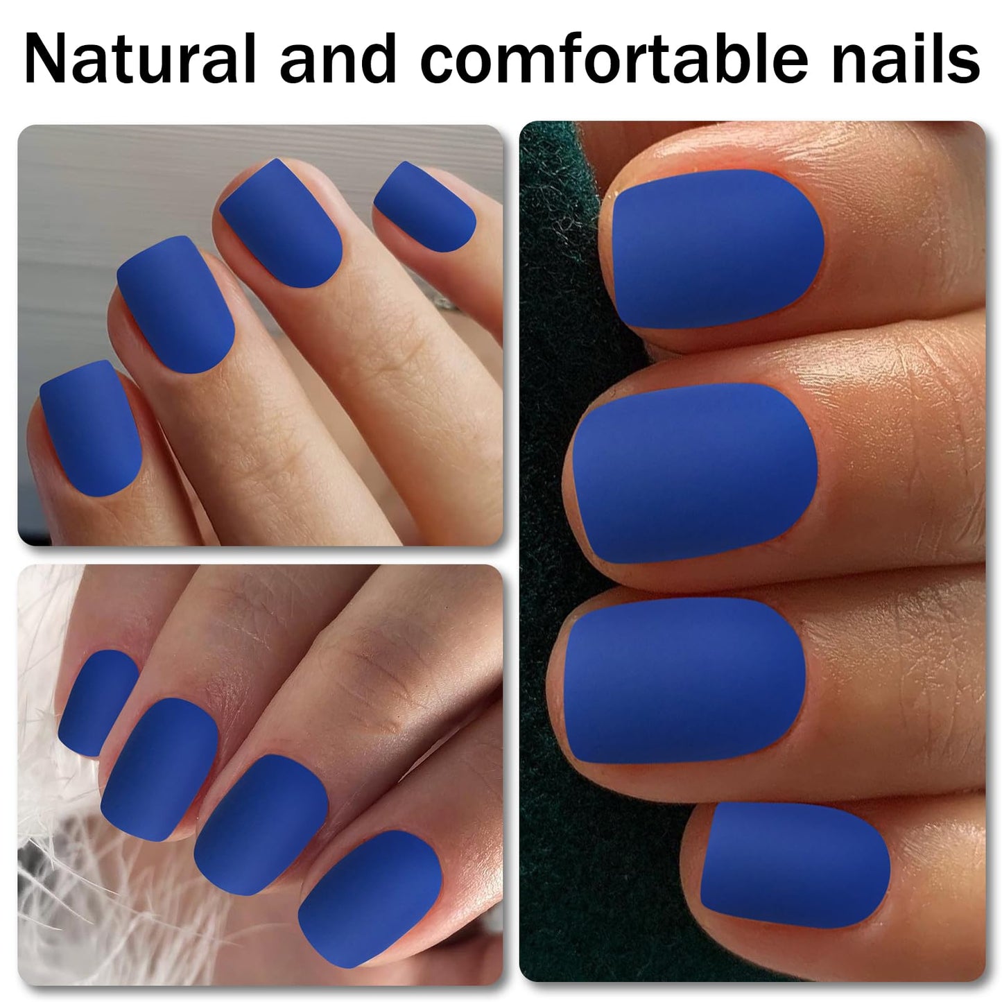 Bellelfin Short Square Press on Nails, 120Pcs Matte Color Fake Nails Full Cover Acrylic Glue on Nails Artificial False Nail with Adhesive Tabs for Women Girls Fingernails Design, Royal Blue Nails