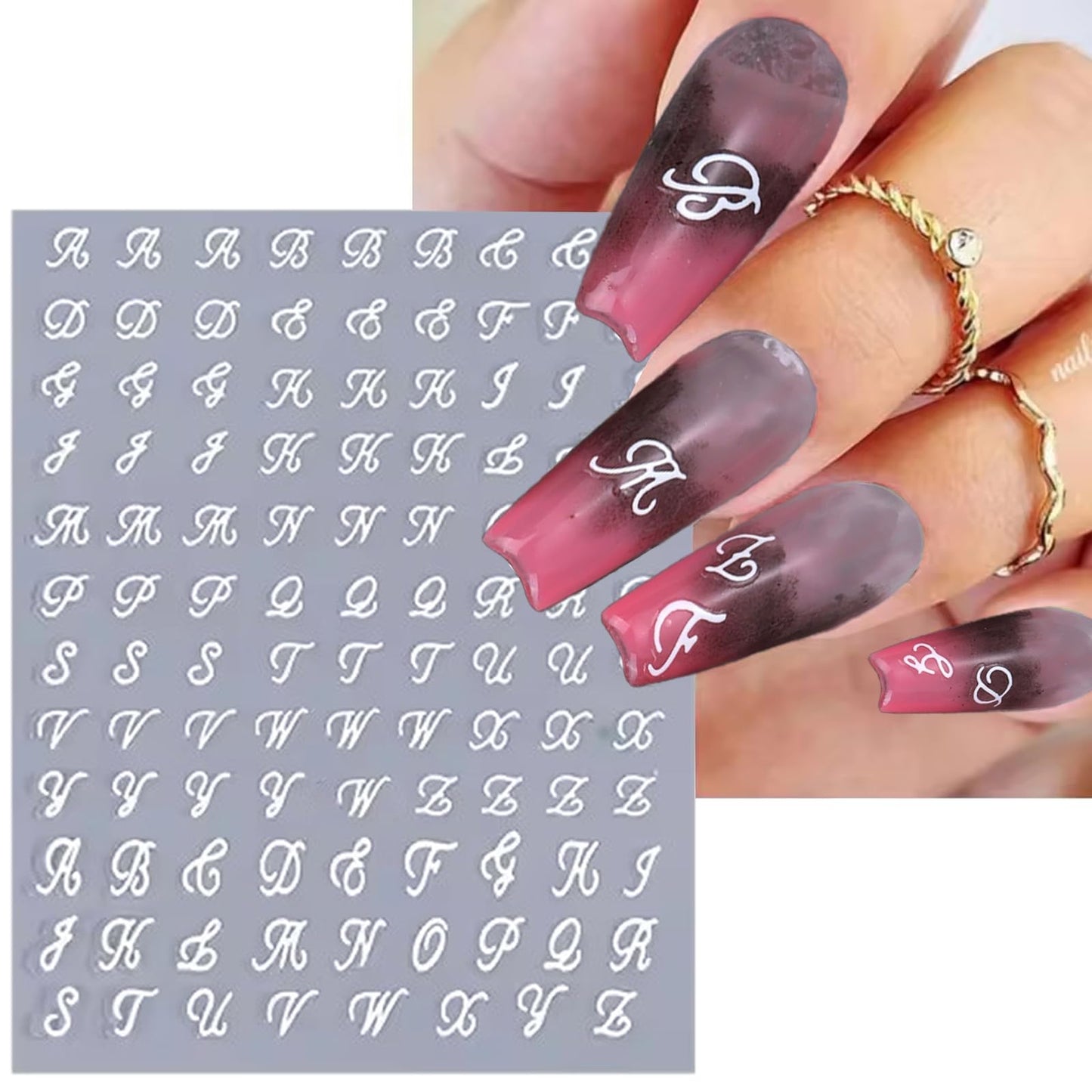 DANNEASY 8 Sheets Alphabet Number Nail Stickers 3D Self-Adhesive Old English Letters Nail Decals Black White Gold Sliver Nail Art Sticker Nail Initial Stickers for Women DIY Charms Decoration