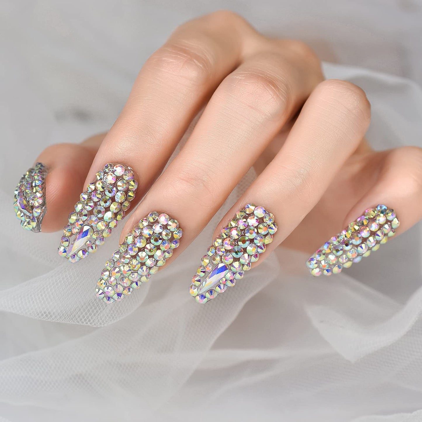ELEVENAIL 24pcs Luxurious 3D Crystal Press on Nails Long Coffin False Nails Salon DIY Manicure Reusable Fake Acrylic Diamonds Handmade Nail Art Tips Gifts for Women Girls