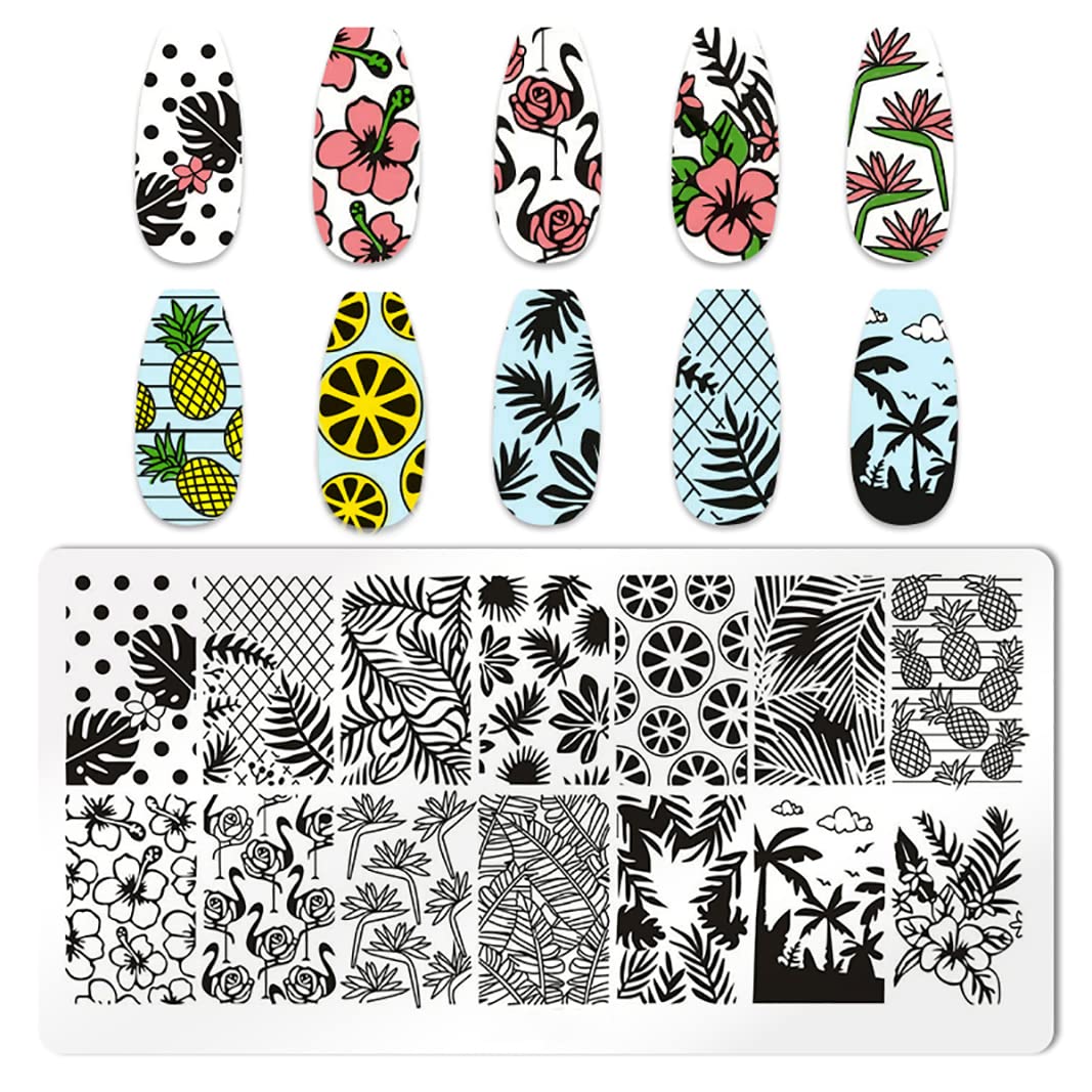 JERCLITY 6pcs Seaside Scenery Nail Stamping Plate Nail Stamping Kit for Nails Summer Beach Coconut Trees Sunset Waves Sea Animals Image Plates Nail Art Design Template Print Nail Stamper Kit for Women