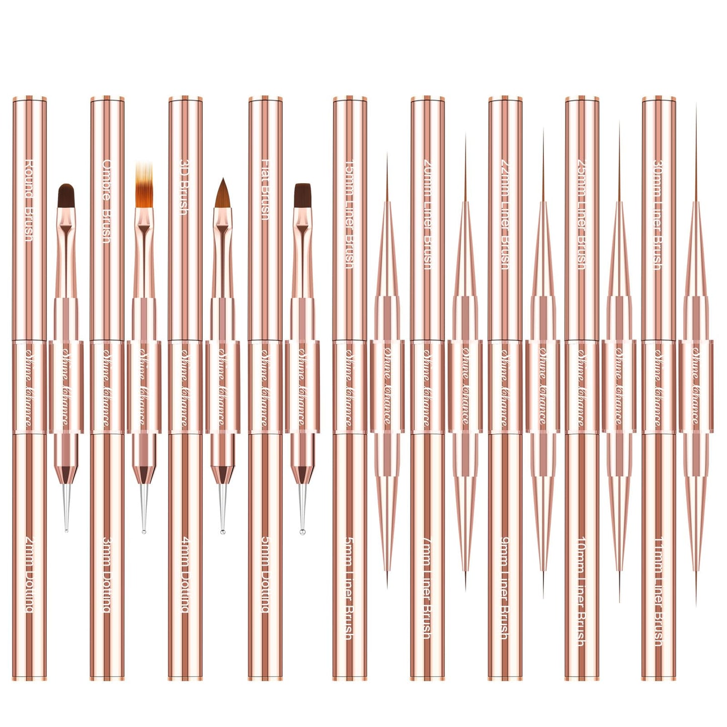 Shine Chance 9Pcs Nail Art Brushes Set, Professional Double-Ended Acrylic Liner Detail Brushes for Gel Polish Art Nail, 3D Art Nail Dotting Brush Pen for Manicure DIY Home Salon, Rosegold