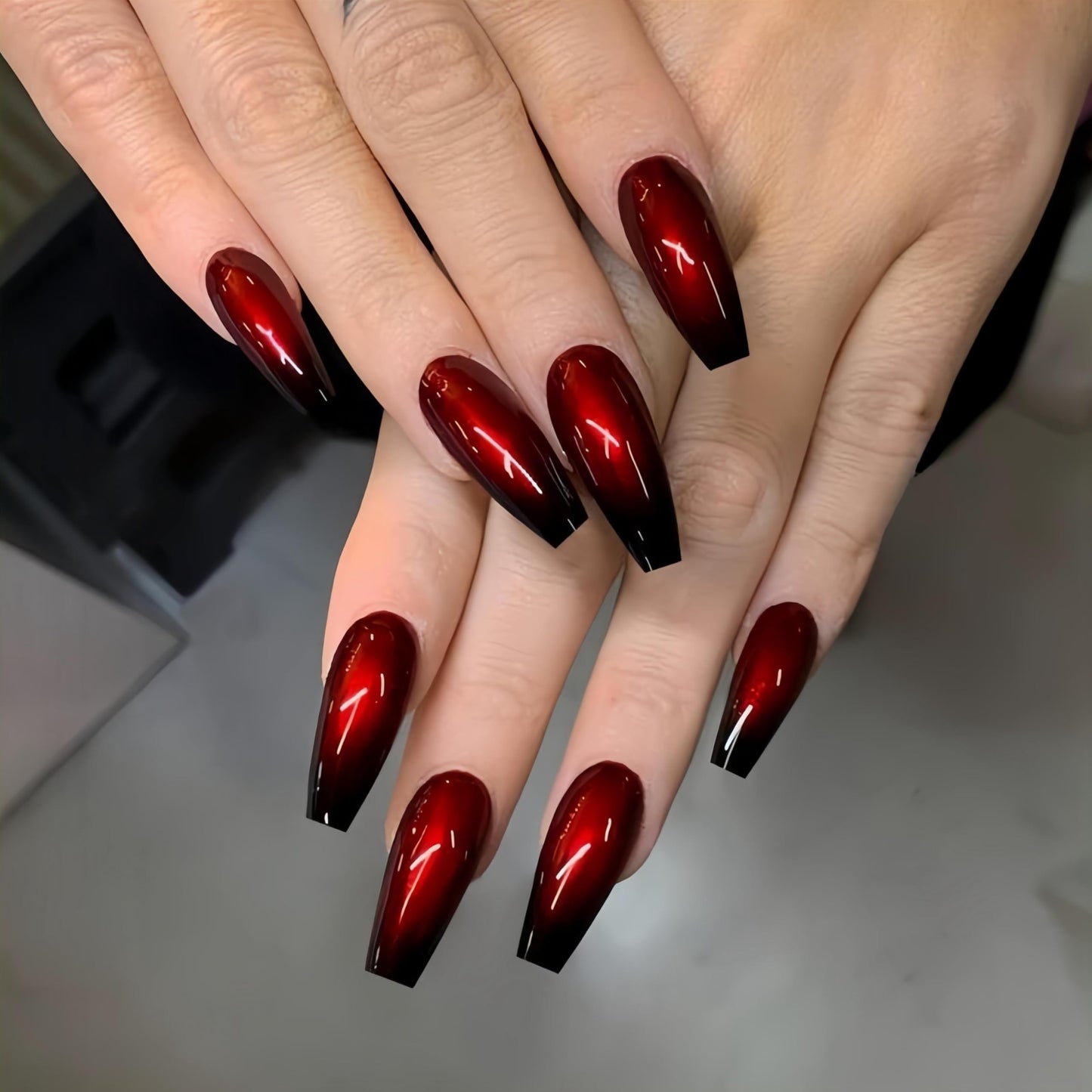 KQueenest Cat Eye Burgundy Press on Nails Medium Almond & Press on Nails Extra Long Coffin, Petite Nails for Small Hand For Women Girls Daily Party Decoration in 60 Pcs