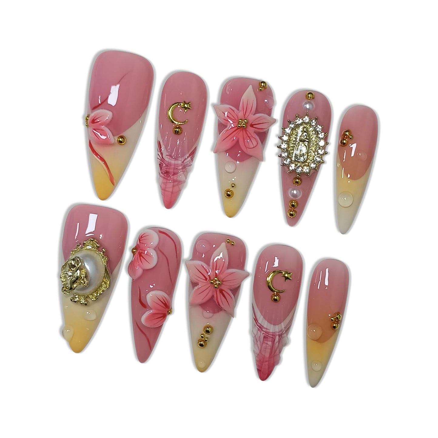 Hantyer Pink Ombre French Press on Nails with 3D Floral Carving, Gold Statue Charms, Long Stiletto Glossy Iced Baroque Fake Nails, Reusable Elegant False Nails for Women Wedding Ball Party (Size L)
