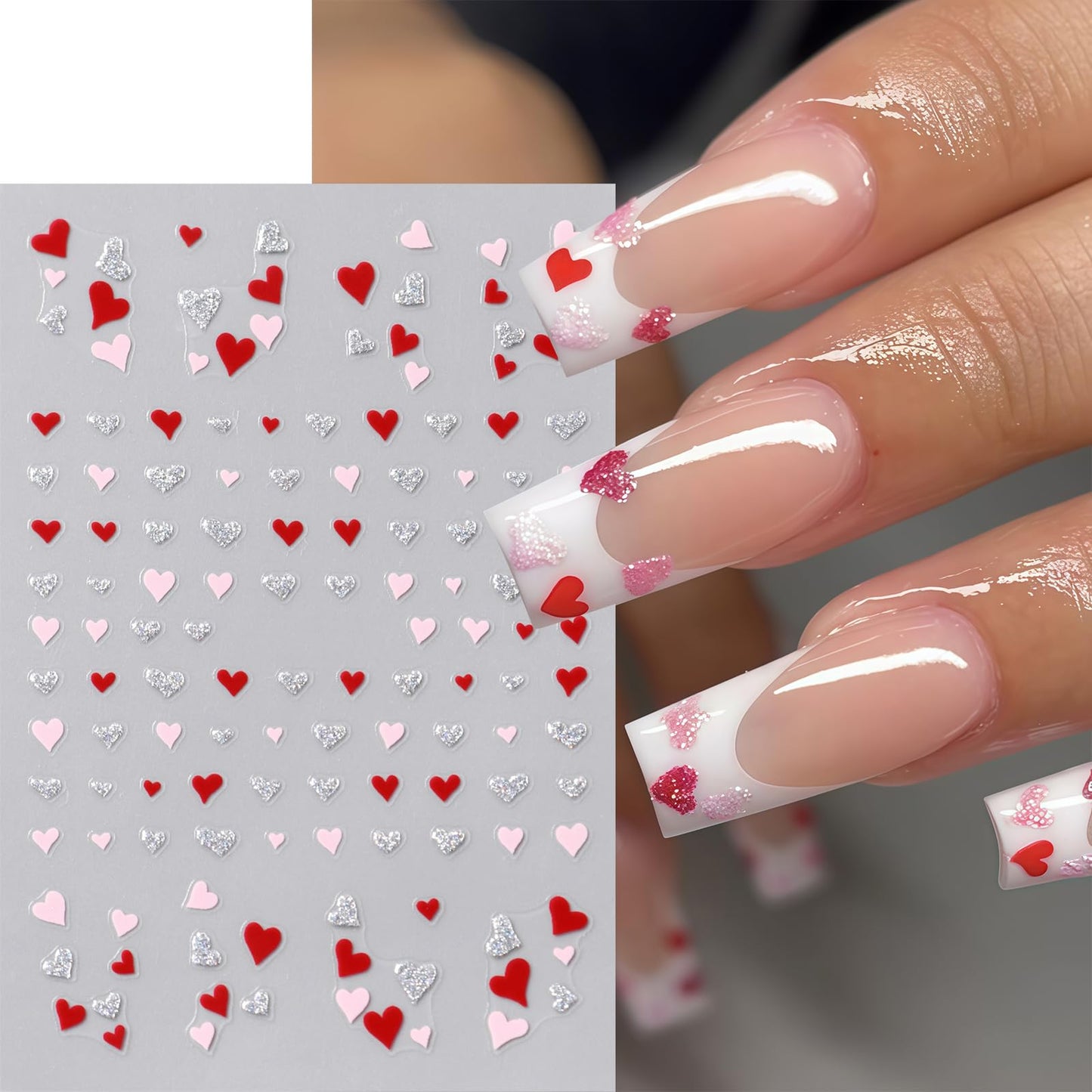 8 Pcs Valentines Day Nail Stickers French Heart Nail Decals Glitter Pink Silver Romantic Heart Curved Line Nails Design 3D Self-Adhesive Pink Red Silver Glitter Mini Hearts Nails Supplies for Women