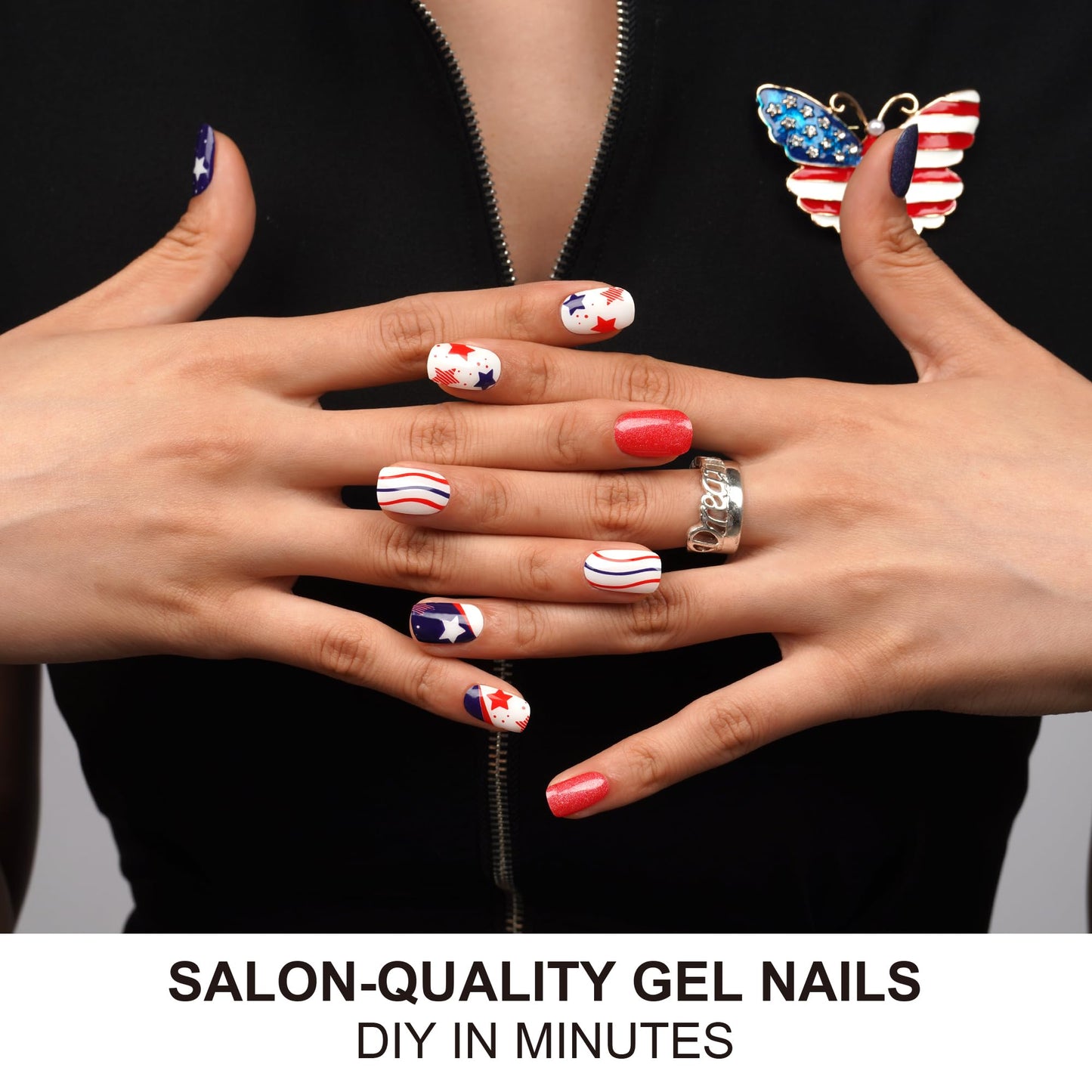 DANNI & TONI Semi Cured Gel Nail Strips Independence Day (USA Pride) Patriotic Gel Nail Polish Stickers 4th of July Nail Wraps 28 Stickers