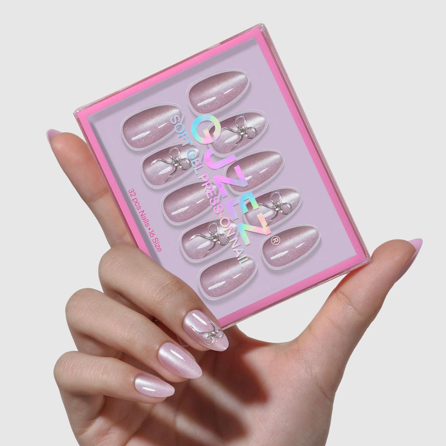 Pink Cat Eye Press on Nails Short - GJZEZ Soft Gel Pink Shimmer with Silver Bow Charm Coquette Almond Fake Nail Press ons Gifts for Women, Cute Glam Reusable Faux Nail in 16 Sizes 32 PCS, Velvet Bows